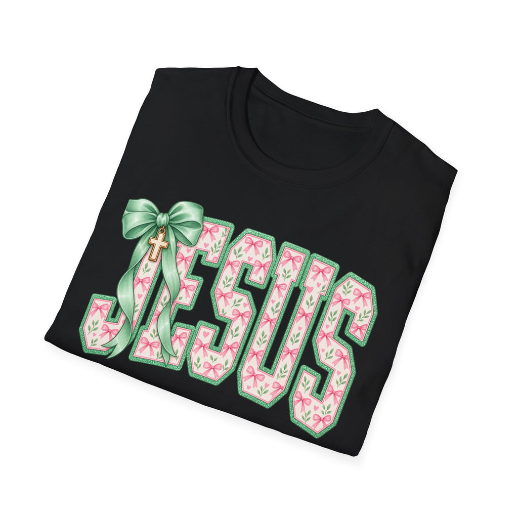 Jesus Floral Tee — Pastel Pink & Green Cross Design