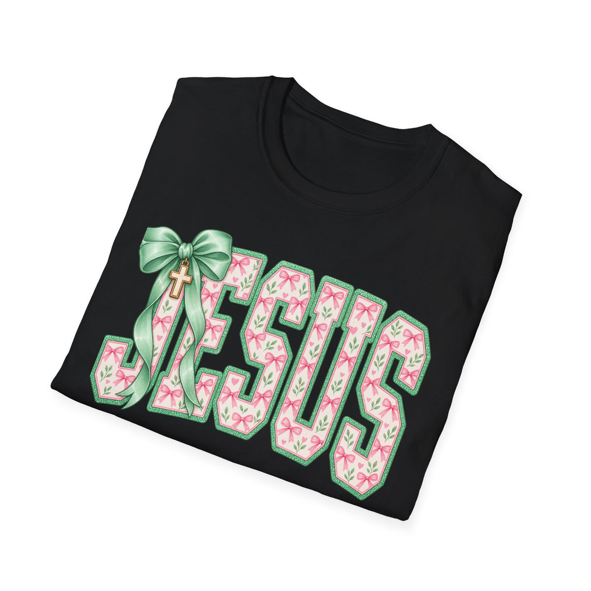 Jesus Floral Tee — Pastel Pink & Green Cross Design