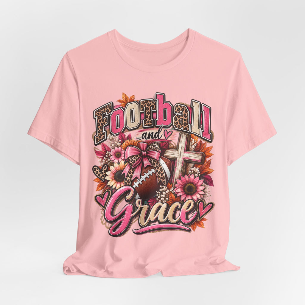 Football and Grace T‑Shirt — Floral Cross Christian Football Mom Tee