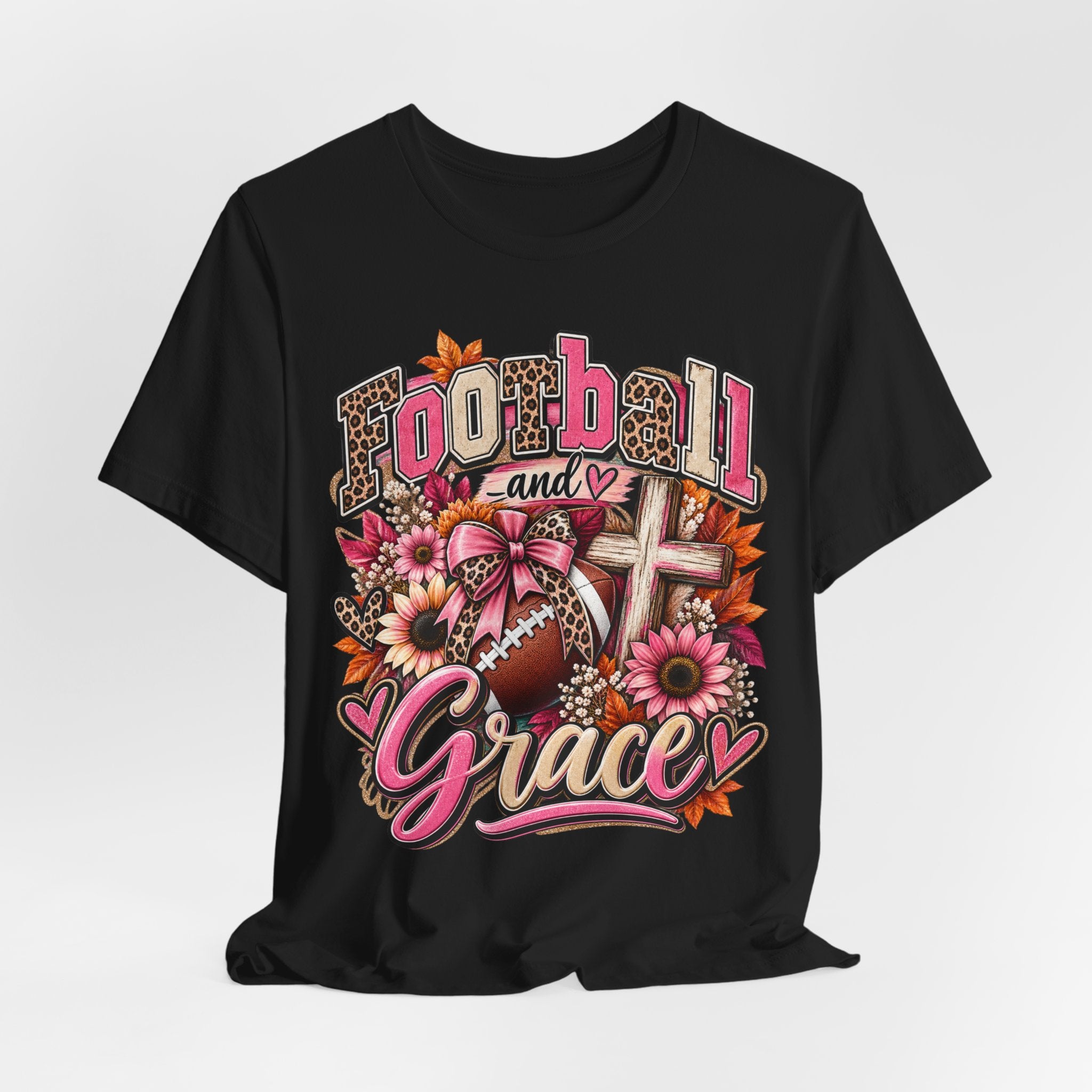 Football and Grace T‑Shirt — Floral Cross Christian Football Mom Tee