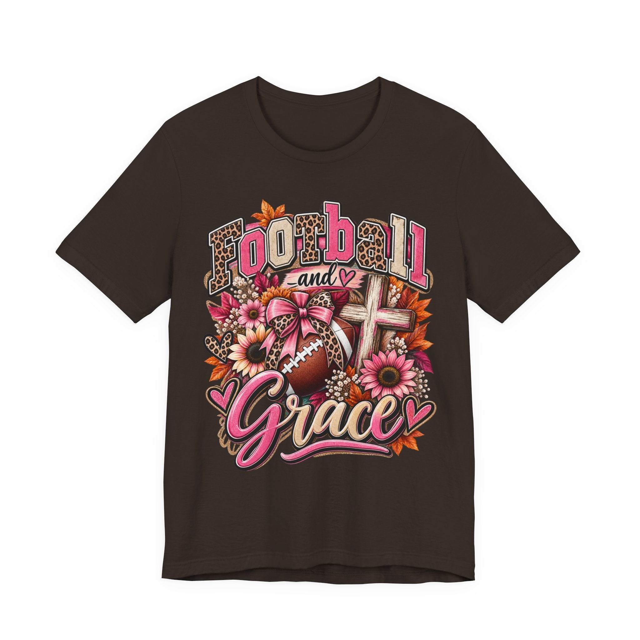 Football and Grace T‑Shirt — Floral Cross Christian Football Mom Tee