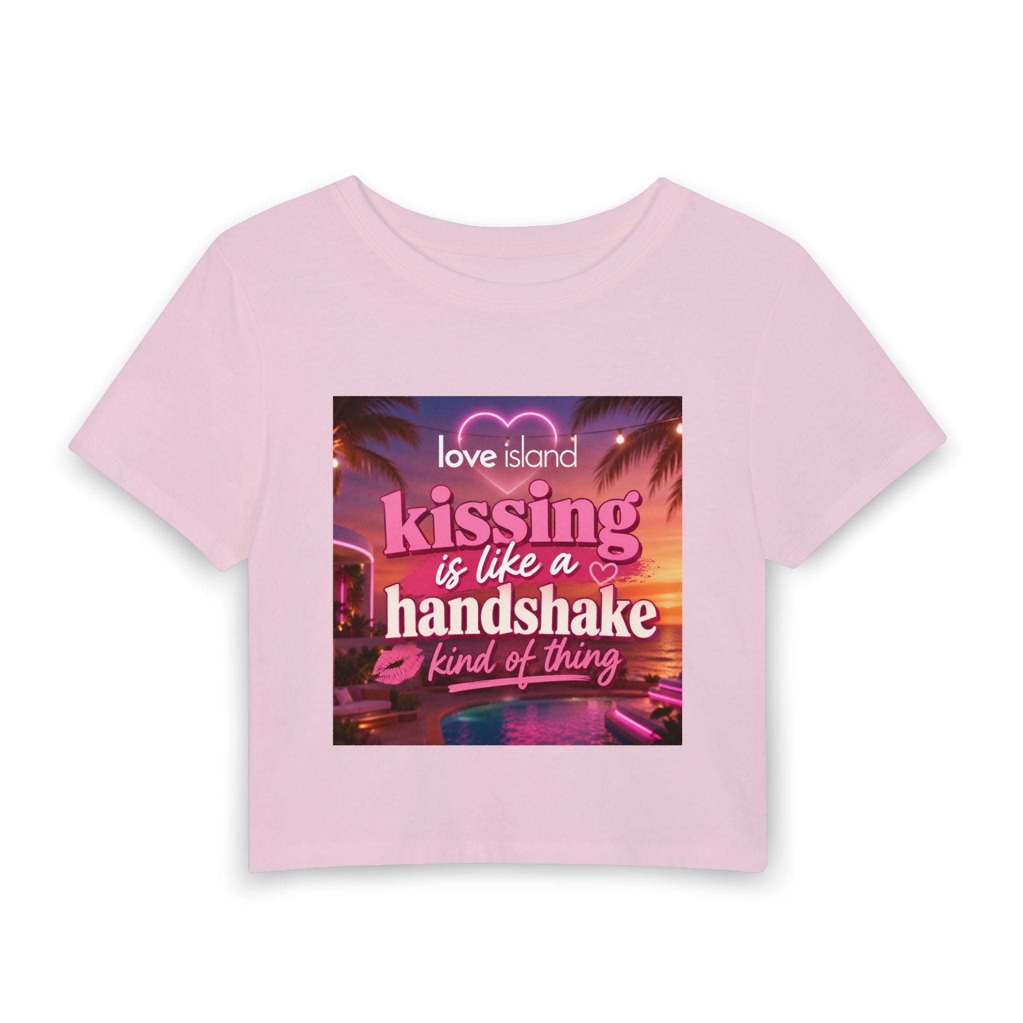 Love Island "Kissing Is Like A Handshake" Women's Baby Tee — Retro Tropical Graphic Cropped Tee