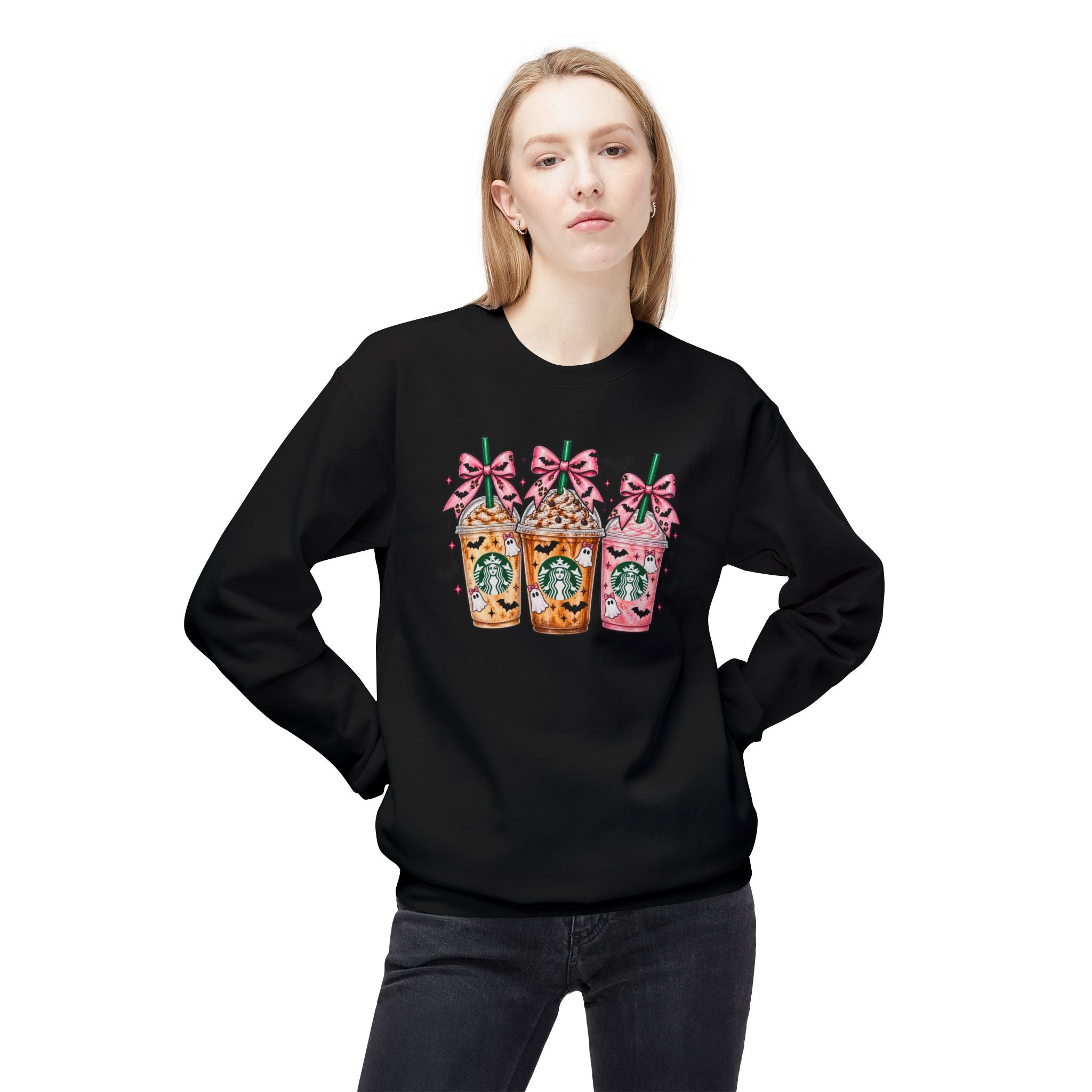 Sweatshirt — Cute Starbucks Frappuccino Trio with Bows (Pink & Halloween Vibes)