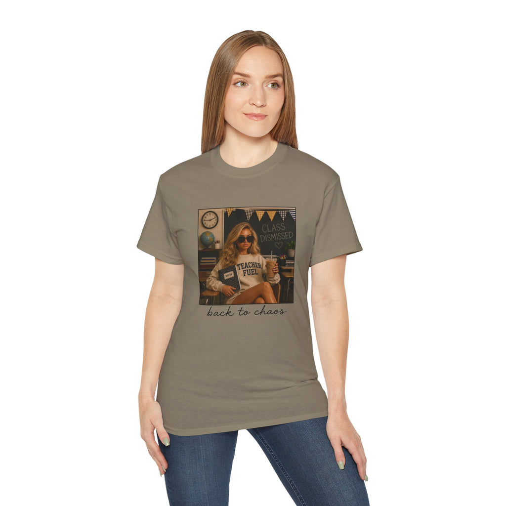 Back to Chaos Teacher Fuel T-Shirt — Funny Retro Classroom Shirt for Teachers