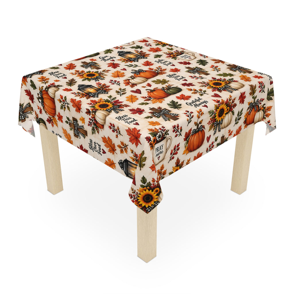 Autumn Harvest Tablecloth — Pumpkins, Sunflowers & 'Give Thanks' Fall Dinner Decor