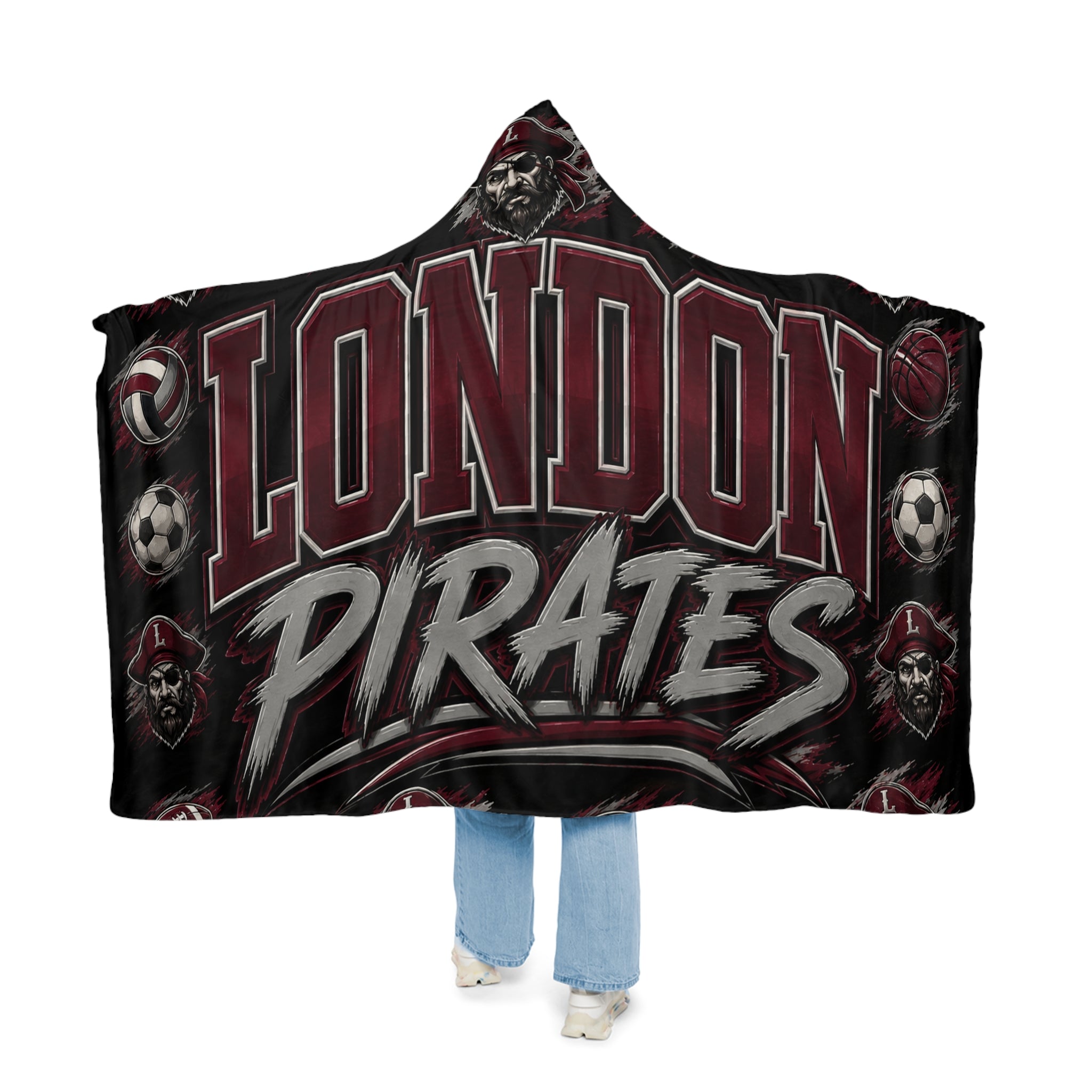 London Pirates Hooded Blanket – Sports Team Snuggle Throw with Soccer & Basketball Design