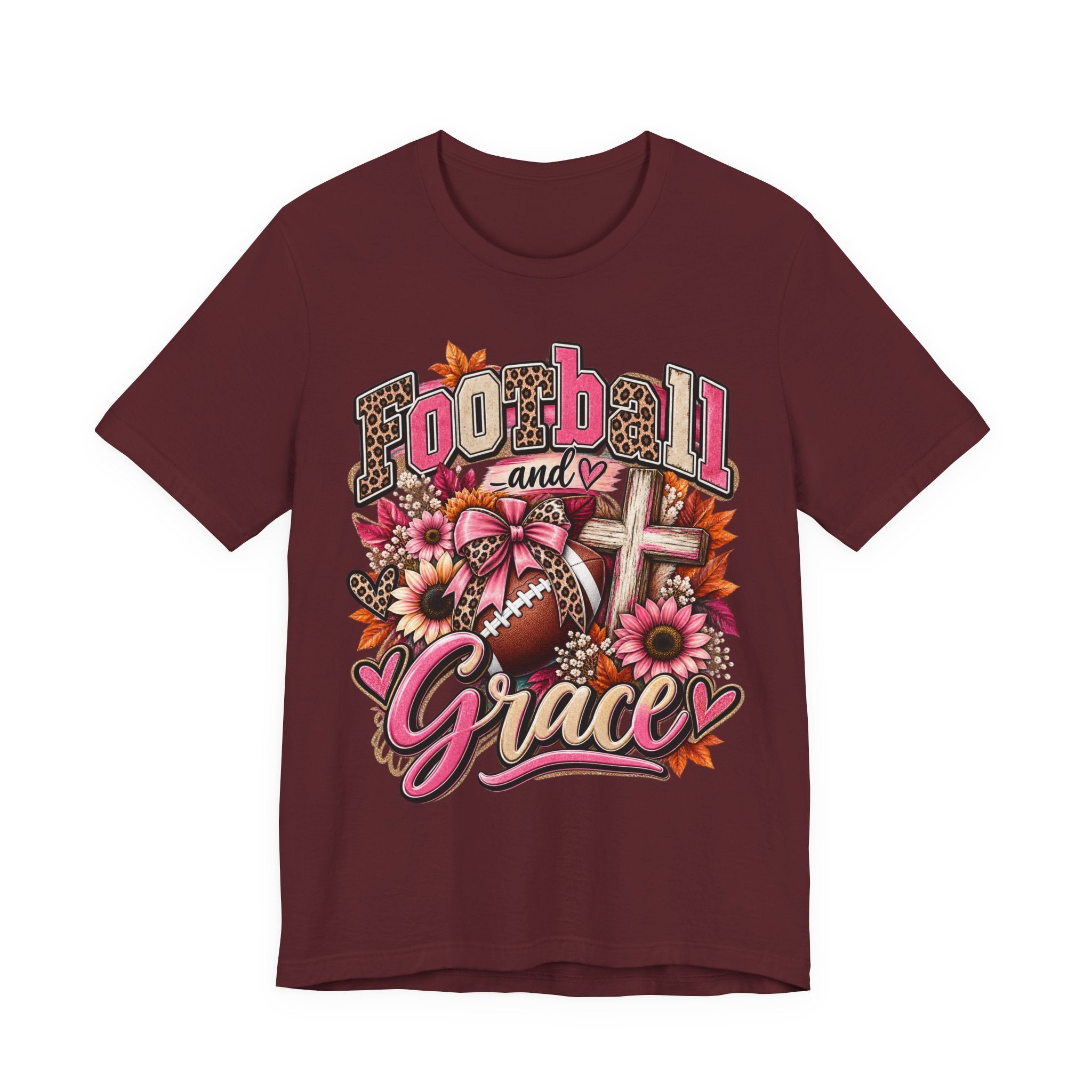 Football and Grace T‑Shirt — Floral Cross Christian Football Mom Tee