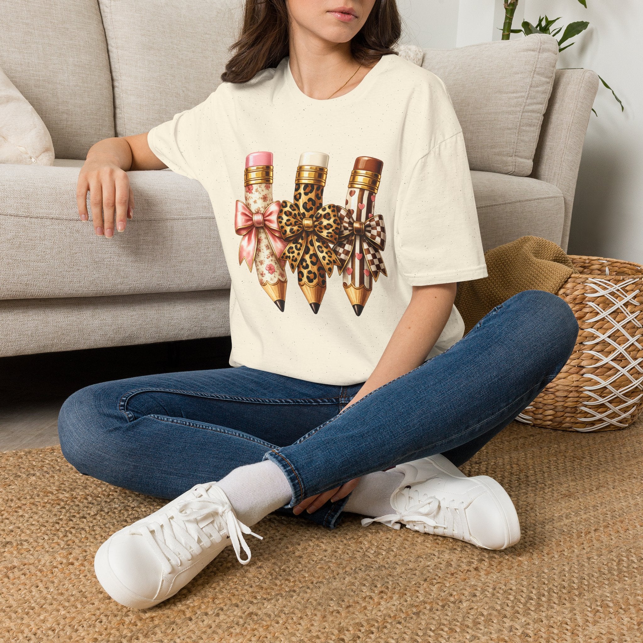 Pencils with Leopard & Bow Design T‑Shirt