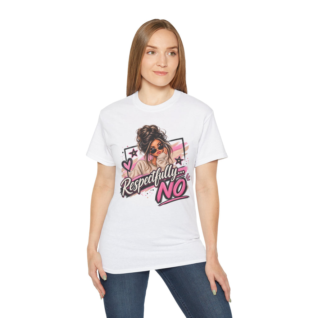 Respectfully No Graphic Tee — Sassy Pink Woman Illustration T-Shirt