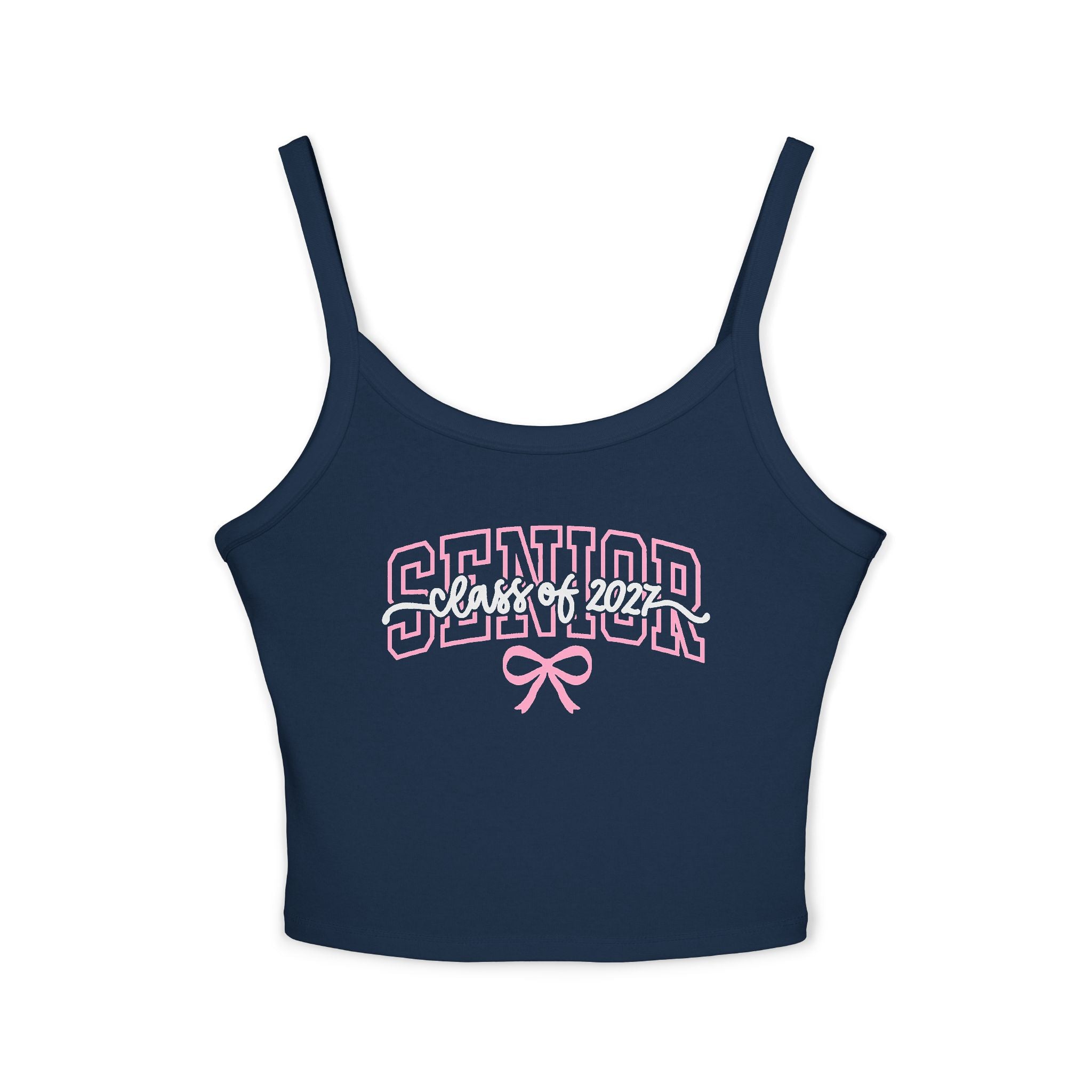 Senior Bow Spaghetti Strap Tank Top — Class of (Senior) Pink Lettering Crop