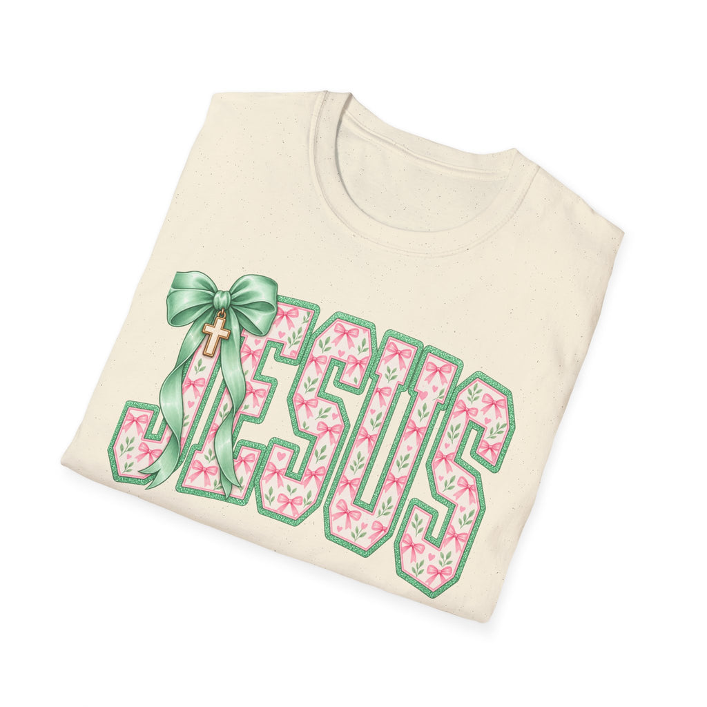 Jesus Floral Tee — Pastel Pink & Green Cross Design