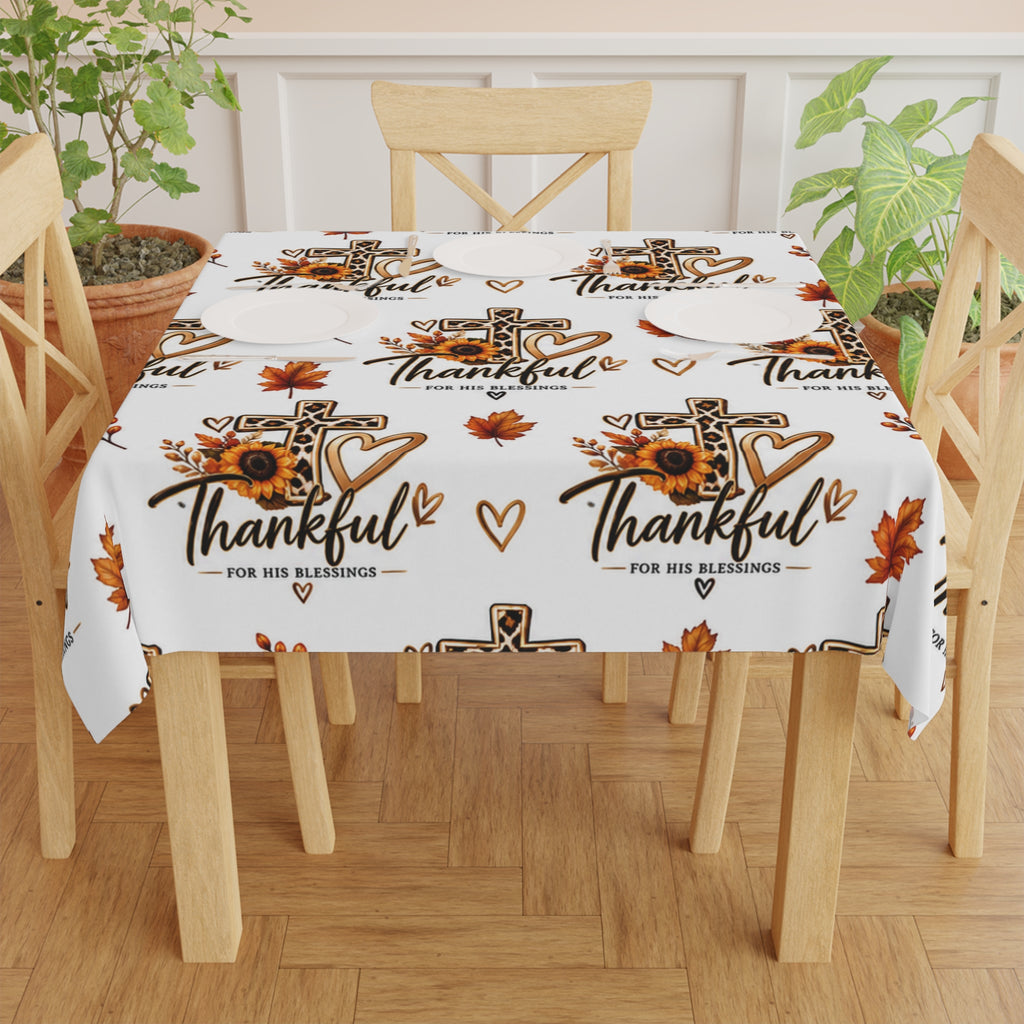 Thankful Cross Fall Tablecloth — Autumn Leaves & Sunflower Thanksgiving Table Decor