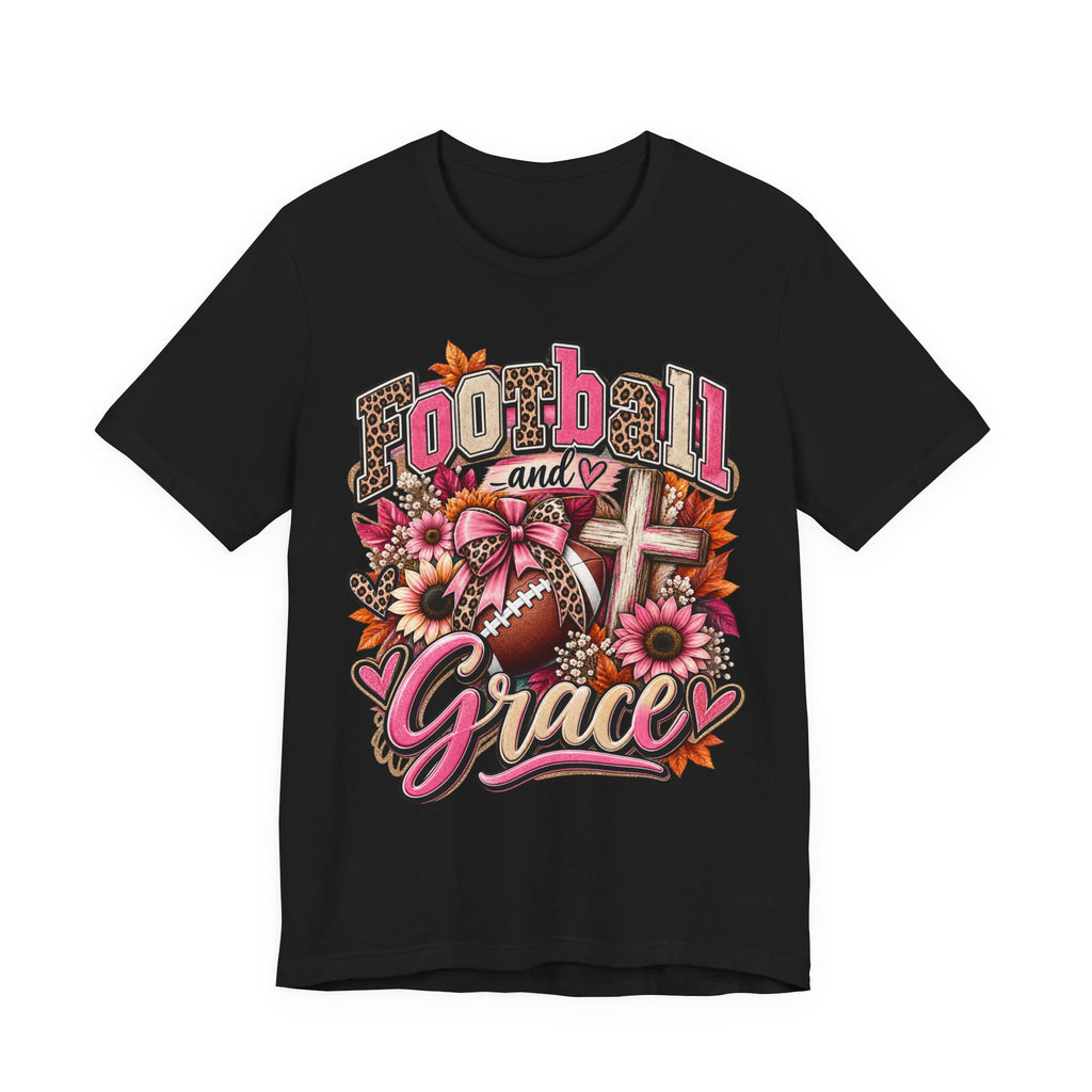 Football and Grace T‑Shirt — Floral Cross Christian Football Mom Tee