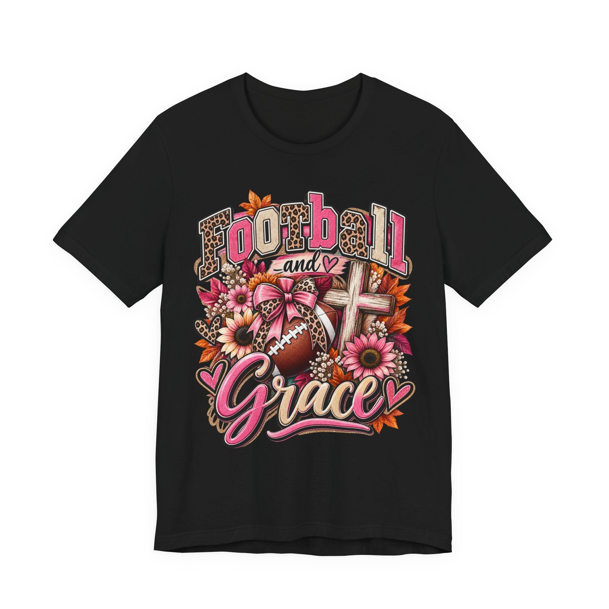 Football and Grace T‑Shirt — Floral Cross Christian Football Mom Tee