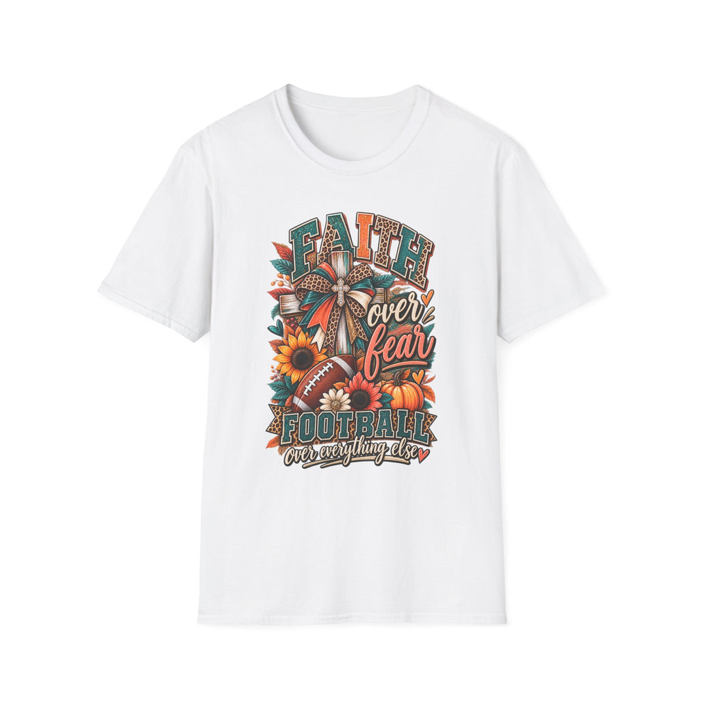 Faith Over Fear Football T‑Shirt — Floral Cross & Sunflower Inspirational Tee