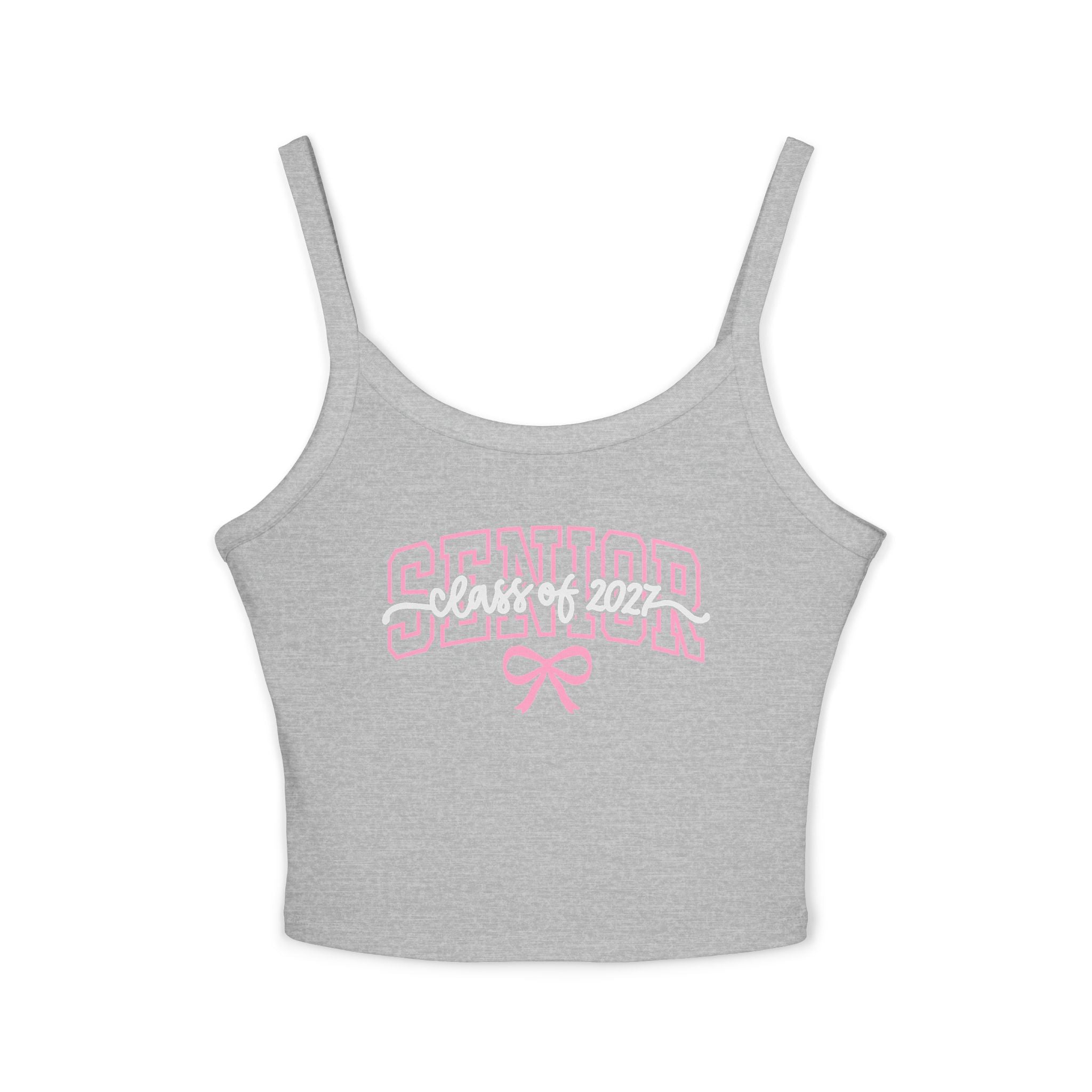 Senior Bow Spaghetti Strap Tank Top — Class of (Senior) Pink Lettering Crop