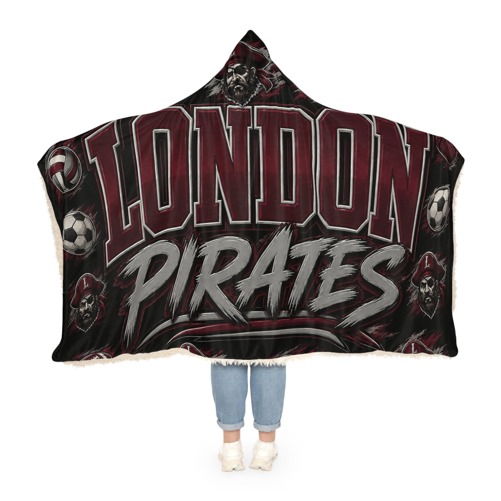 London Pirates Hooded Blanket – Sports Team Snuggle Throw with Soccer & Basketball Design