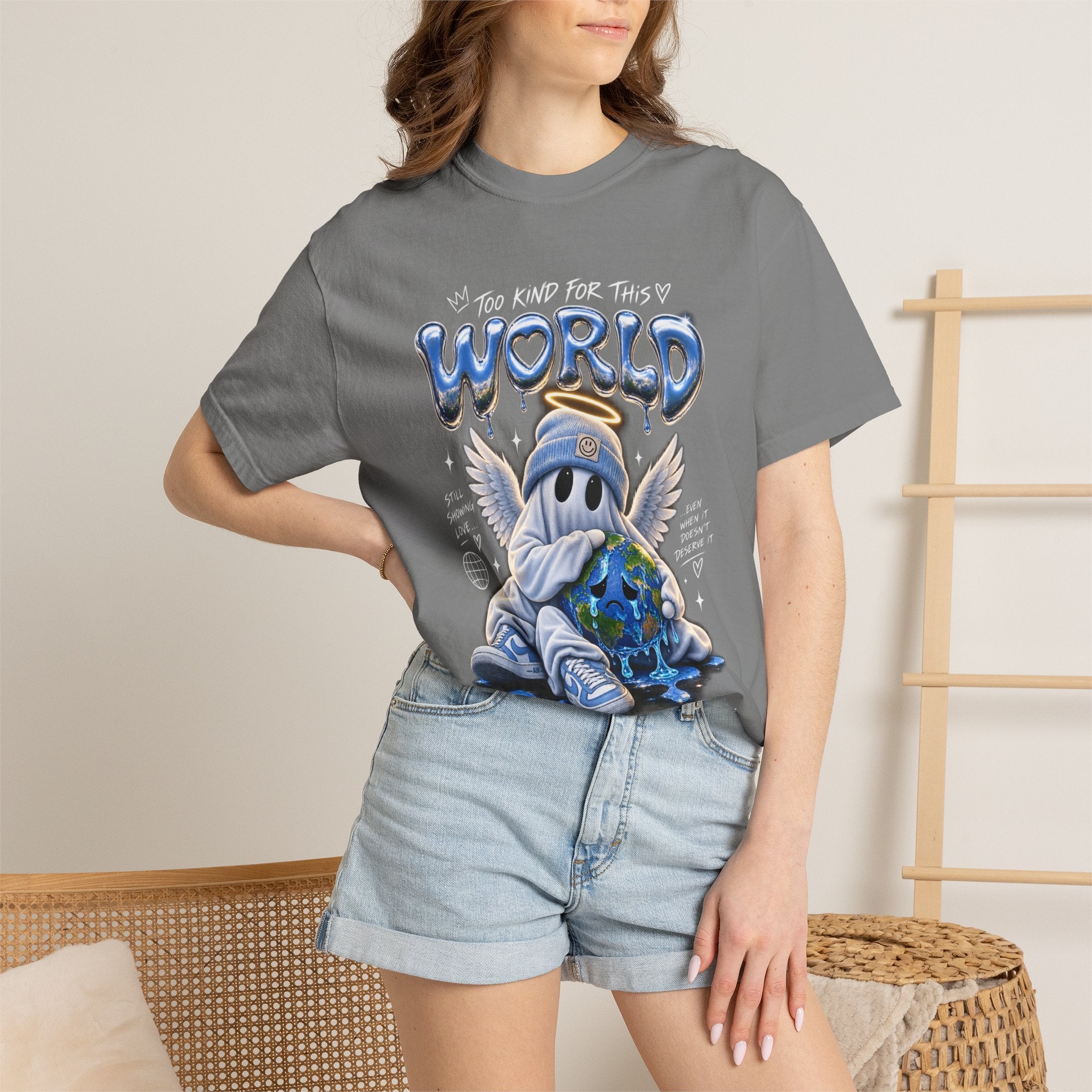 World Guardian Graphic Tee — Angel Skull Holding Earth Casual T-Shirt