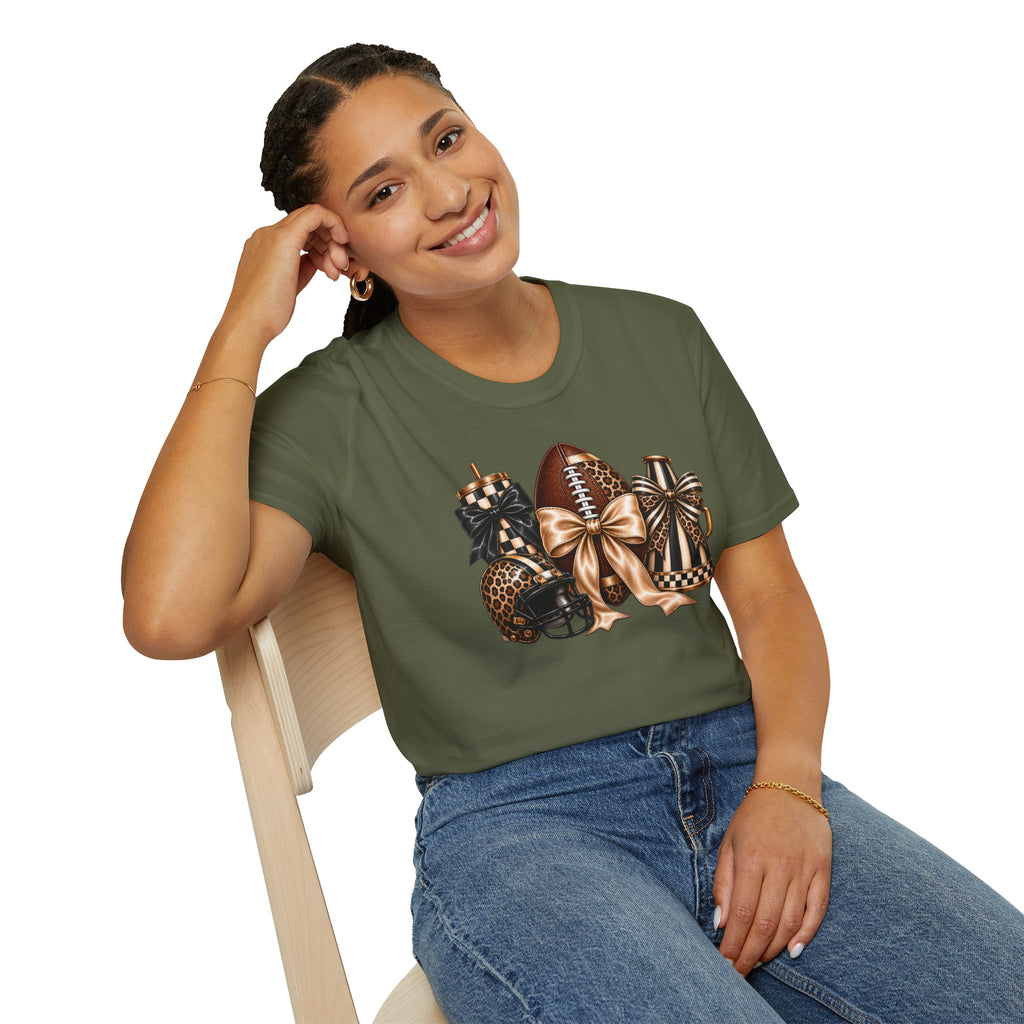 Gold & Leopard Football Gifts T‑Shirt — Decorative Game Day Bow Design