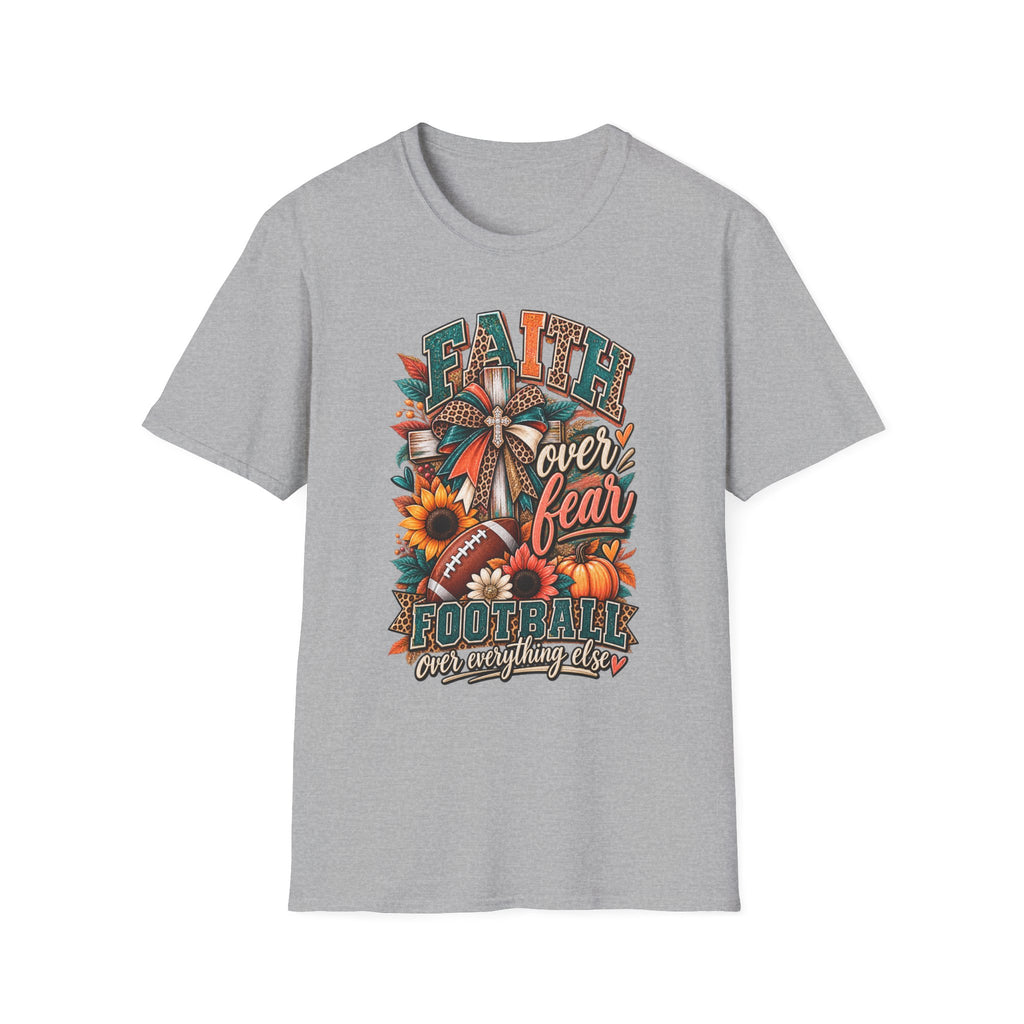 Faith Over Fear Football T‑Shirt — Floral Cross & Sunflower Inspirational Tee