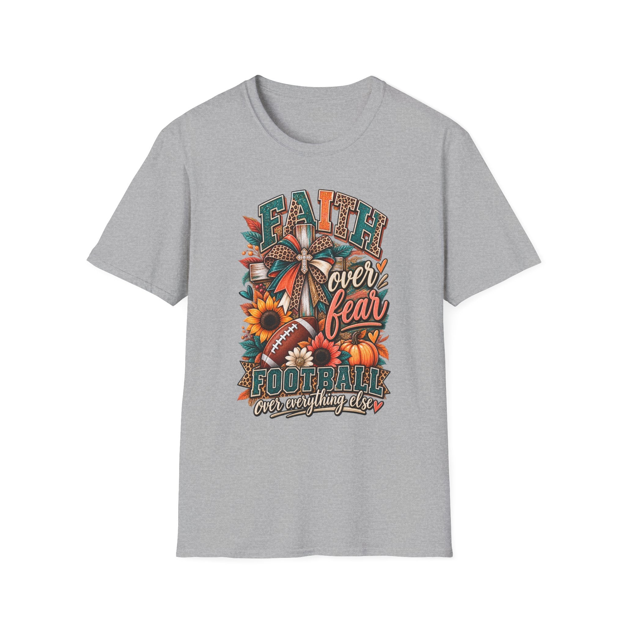 Faith Over Fear Football T‑Shirt — Floral Cross & Sunflower Inspirational Tee