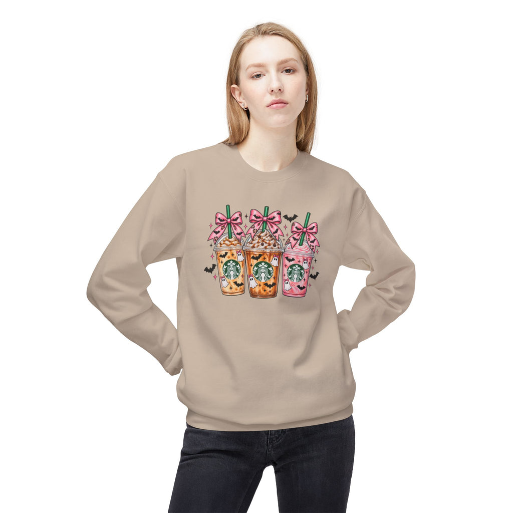 Sweatshirt — Cute Starbucks Frappuccino Trio with Bows (Pink & Halloween Vibes)
