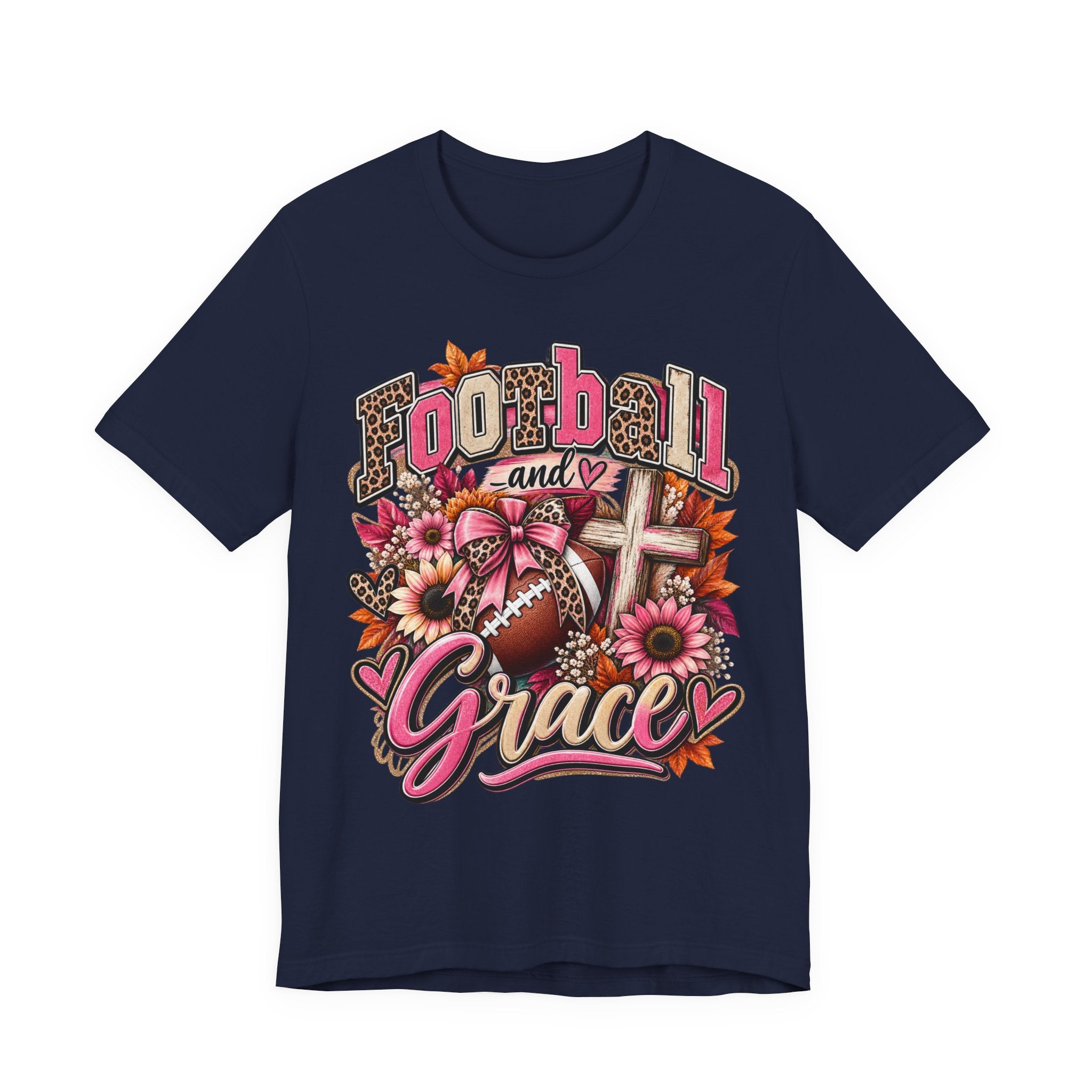 Football and Grace T‑Shirt — Floral Cross Christian Football Mom Tee