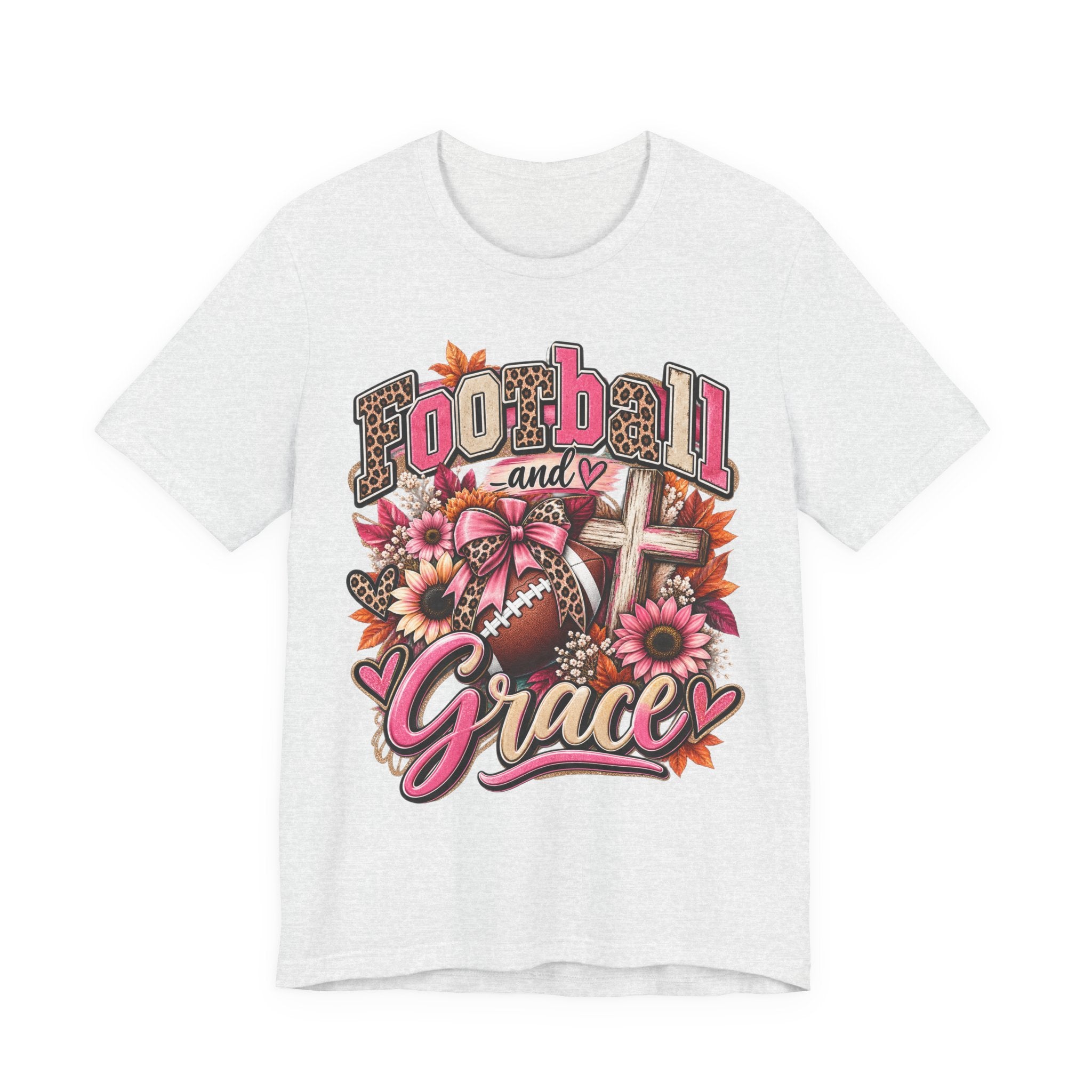 Football and Grace T‑Shirt — Floral Cross Christian Football Mom Tee