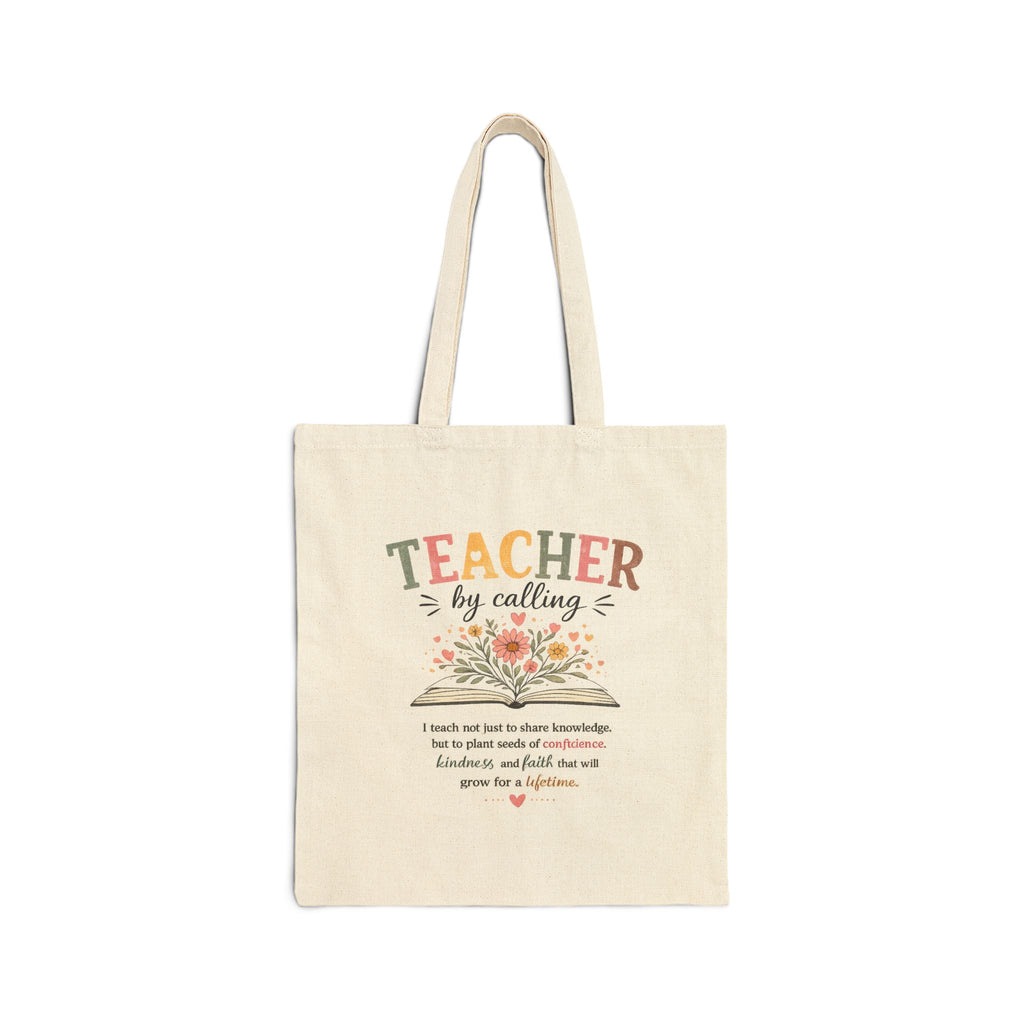 Teacher Tote Bag - "Teacher by Calling" Floral Cotton Canvas Bookbag | Gift for Educators, End of Year & Teacher Appreciation