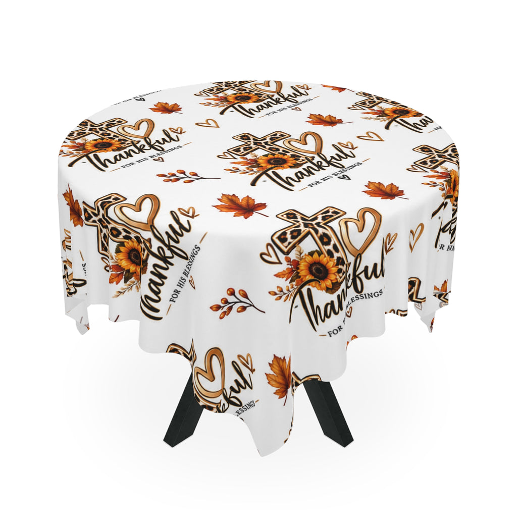 Thankful Cross Fall Tablecloth — Autumn Leaves & Sunflower Thanksgiving Table Decor