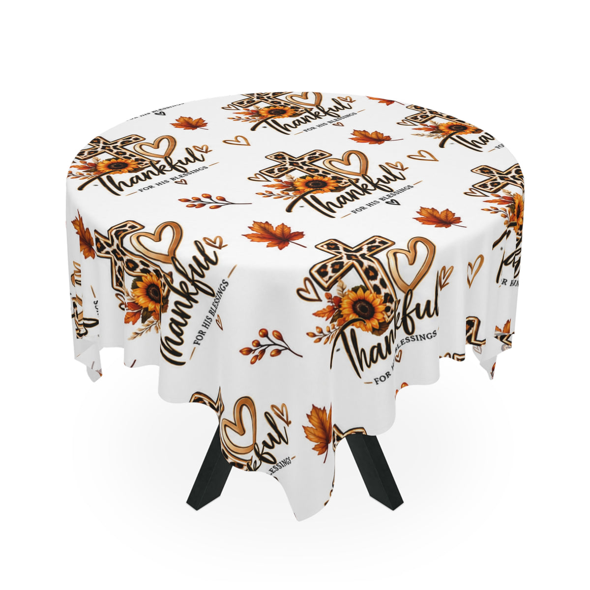 Thankful Cross Fall Tablecloth — Autumn Leaves & Sunflower Thanksgiving Table Decor