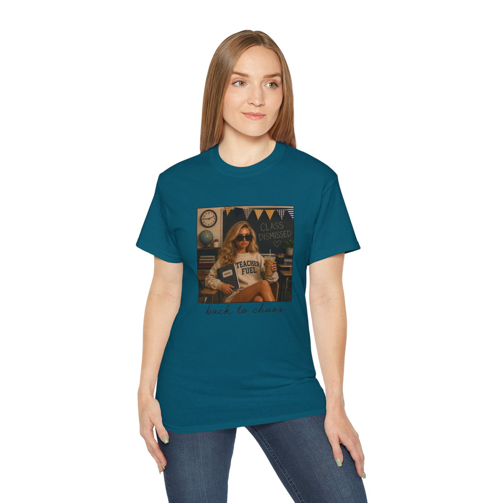 Back to Chaos Teacher Fuel T-Shirt — Funny Retro Classroom Shirt for Teachers