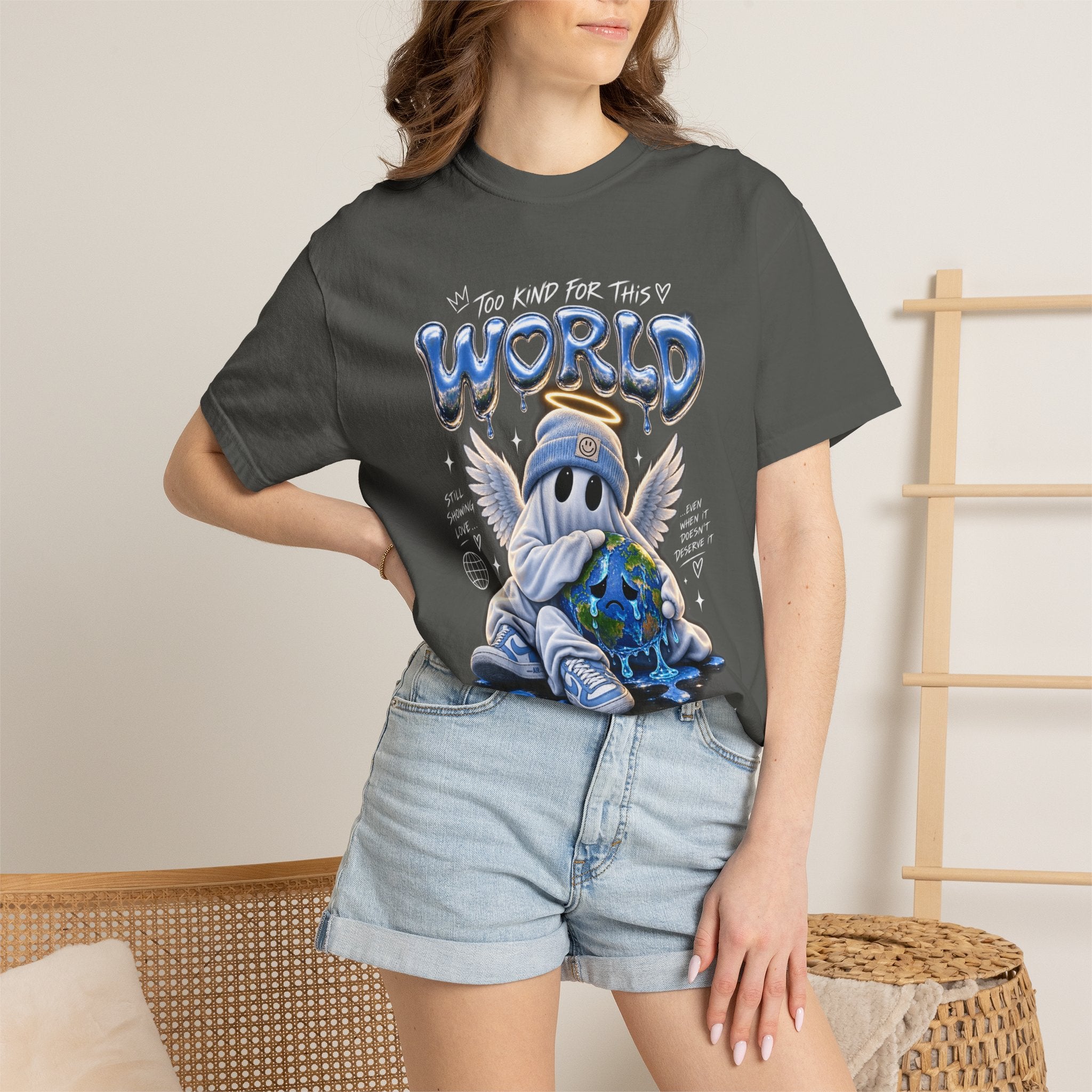 World Guardian Graphic Tee — Angel Skull Holding Earth Casual T-Shirt