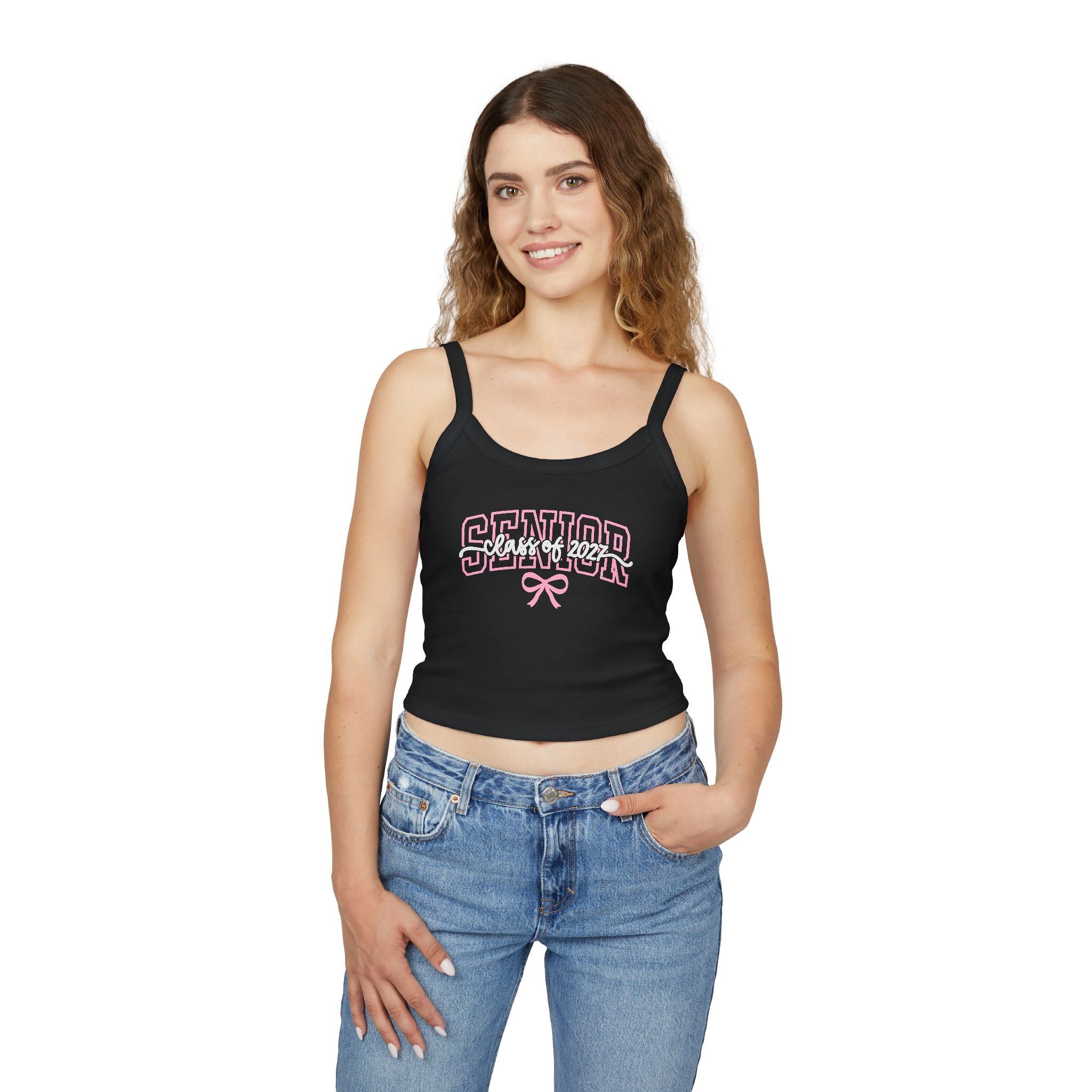 Senior Bow Spaghetti Strap Tank Top — Class of (Senior) Pink Lettering Crop