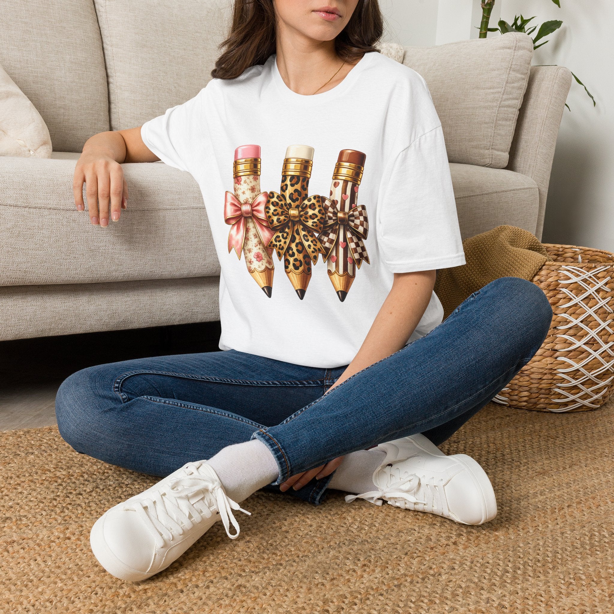 Pencils with Leopard & Bow Design T‑Shirt