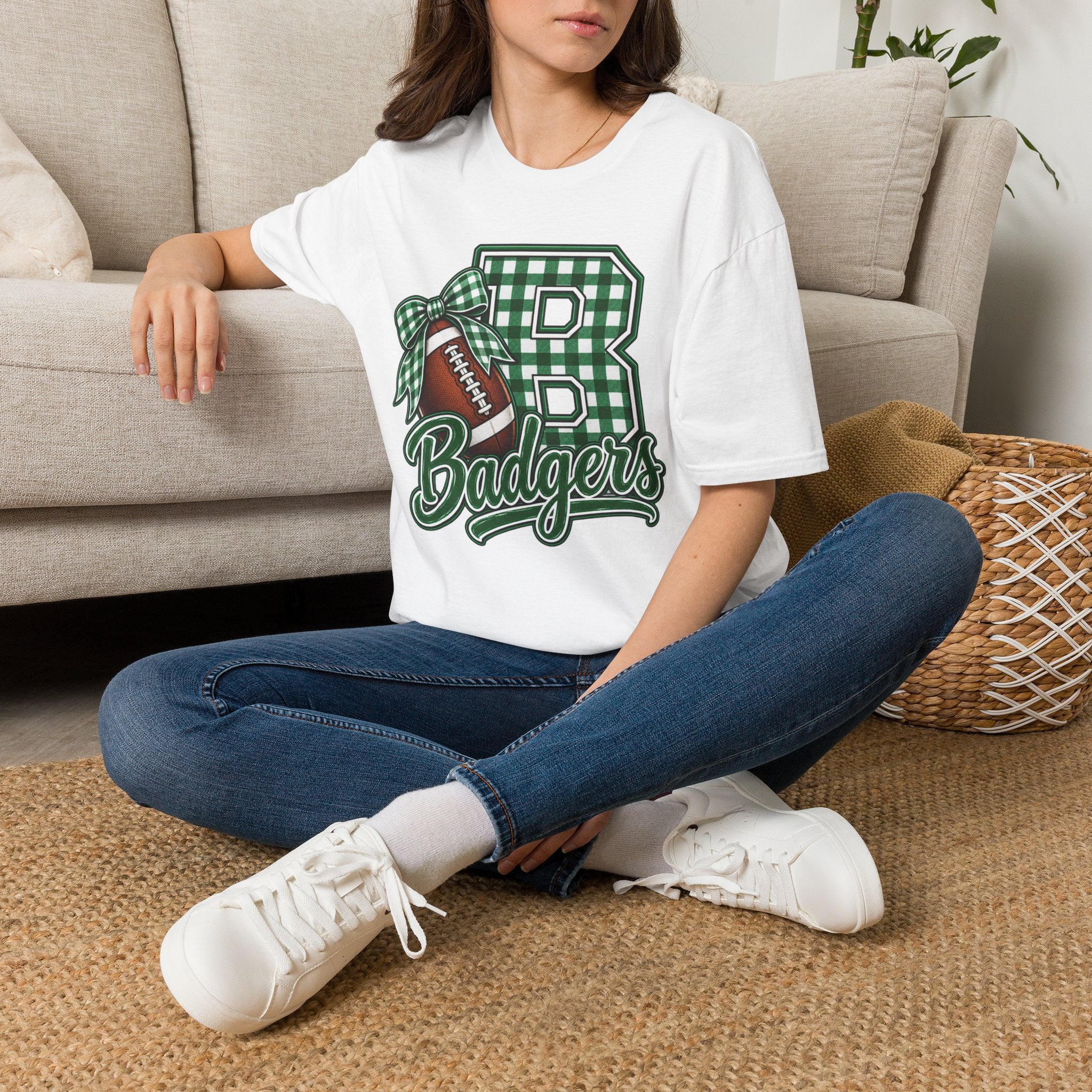 Badgers Football Gingham Initial T-Shirt