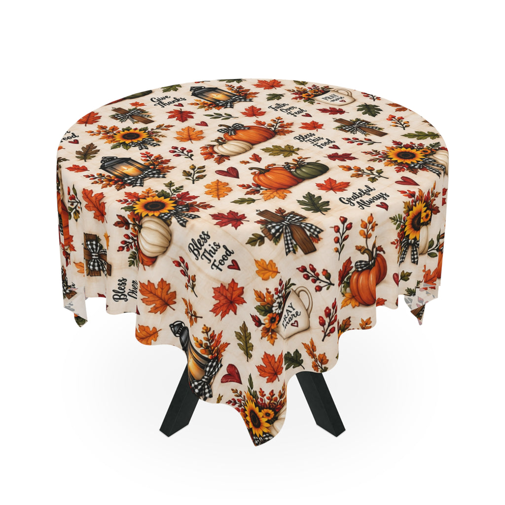 Autumn Harvest Tablecloth — Pumpkins, Sunflowers & 'Give Thanks' Fall Dinner Decor