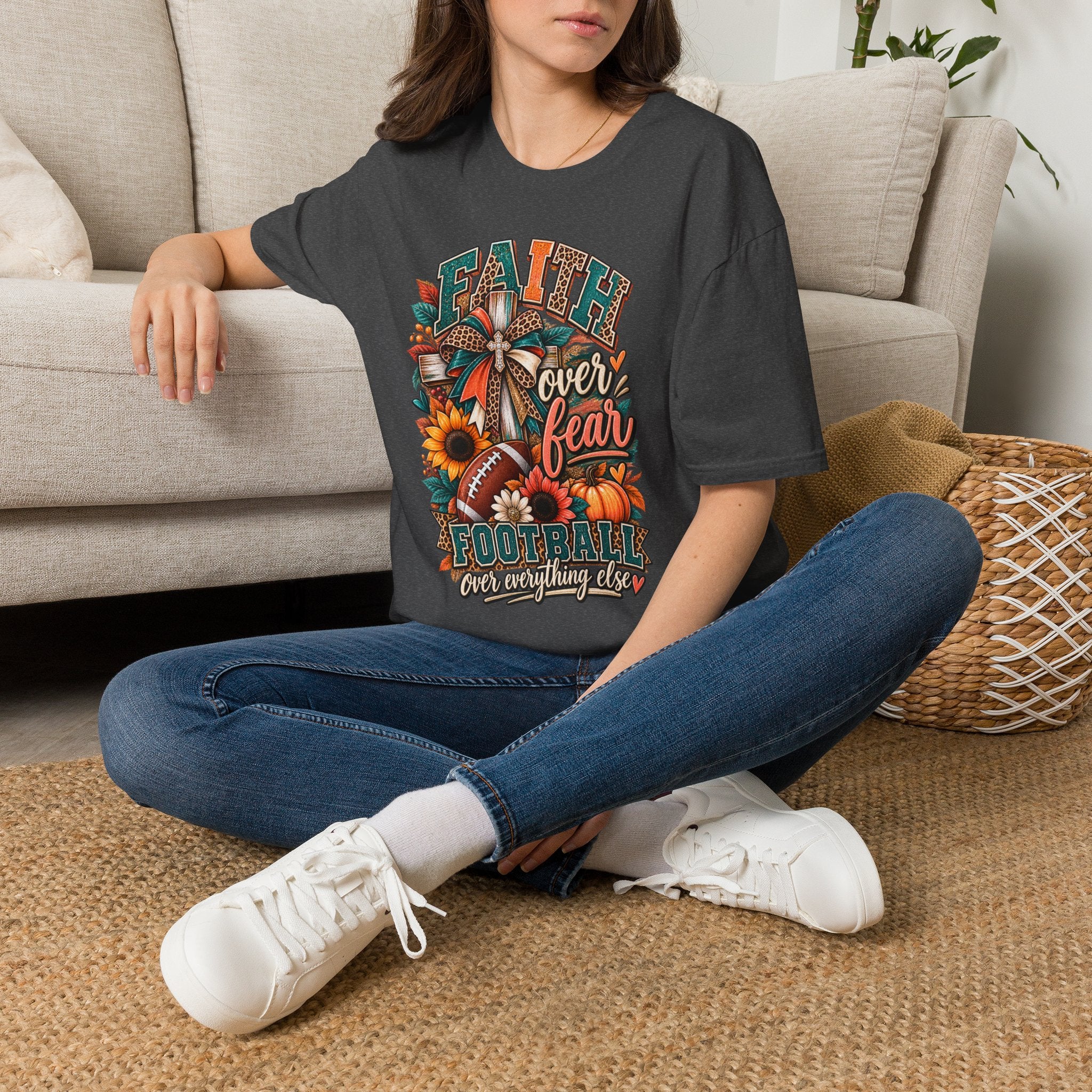 Faith Over Fear Football T‑Shirt — Floral Cross & Sunflower Inspirational Tee
