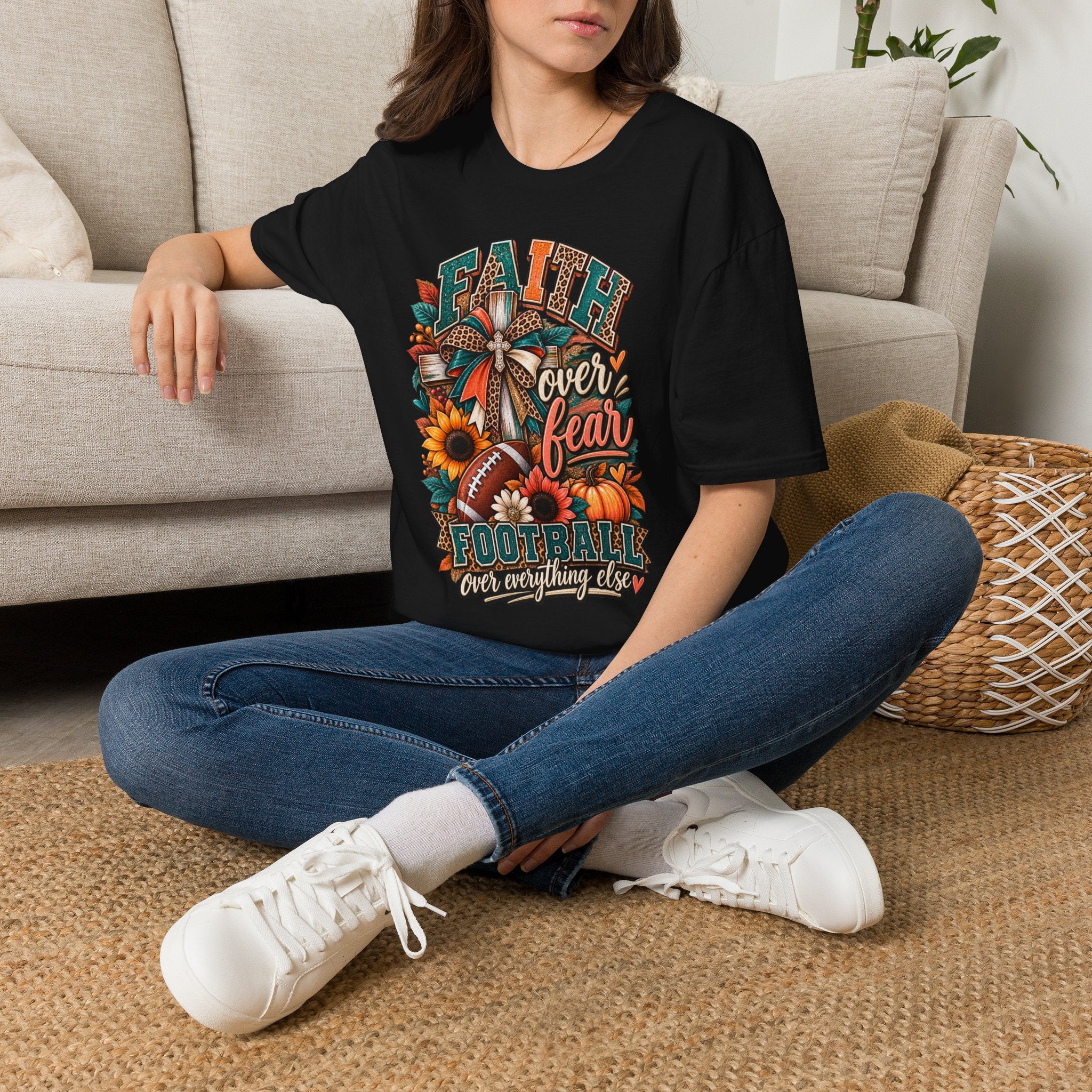 Faith Over Fear Football T‑Shirt — Floral Cross & Sunflower Inspirational Tee