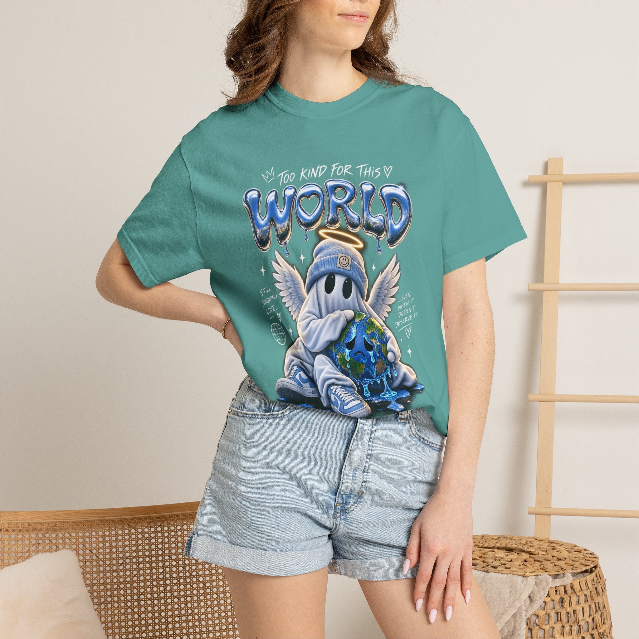 World Guardian Graphic Tee — Angel Skull Holding Earth Casual T-Shirt