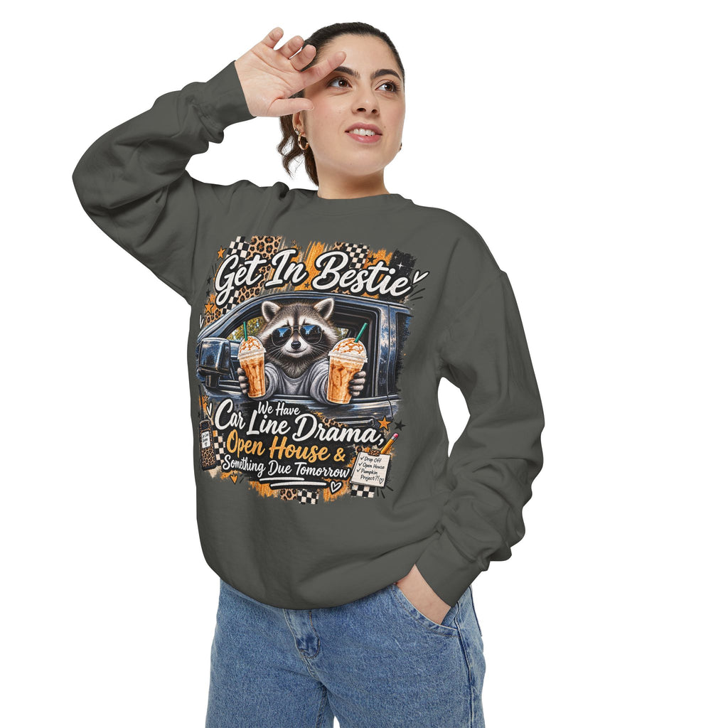 Cozy Raccoon 'Get In Bestie' Sweatshirt – Funny Car Line Mom Graphic