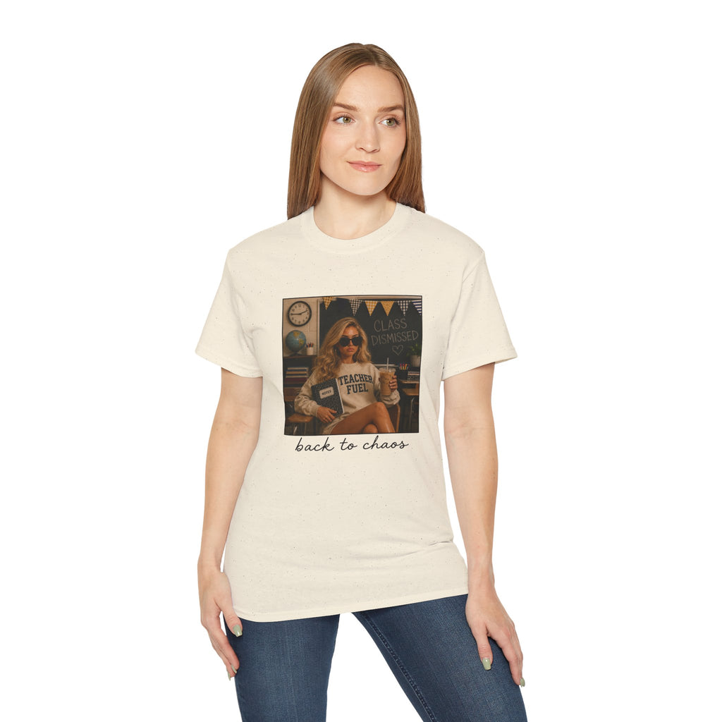 Back to Chaos Teacher Fuel T-Shirt — Funny Retro Classroom Shirt for Teachers