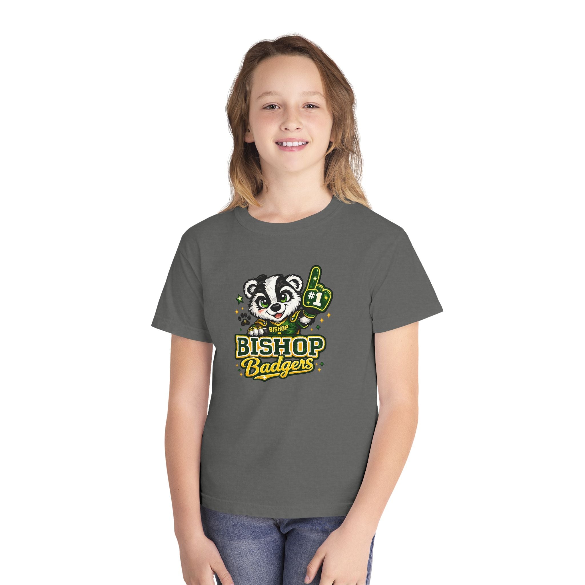 Bishop Badgers Youth Tee — #1 Mascot Foam Finger School Spirit Shirt
