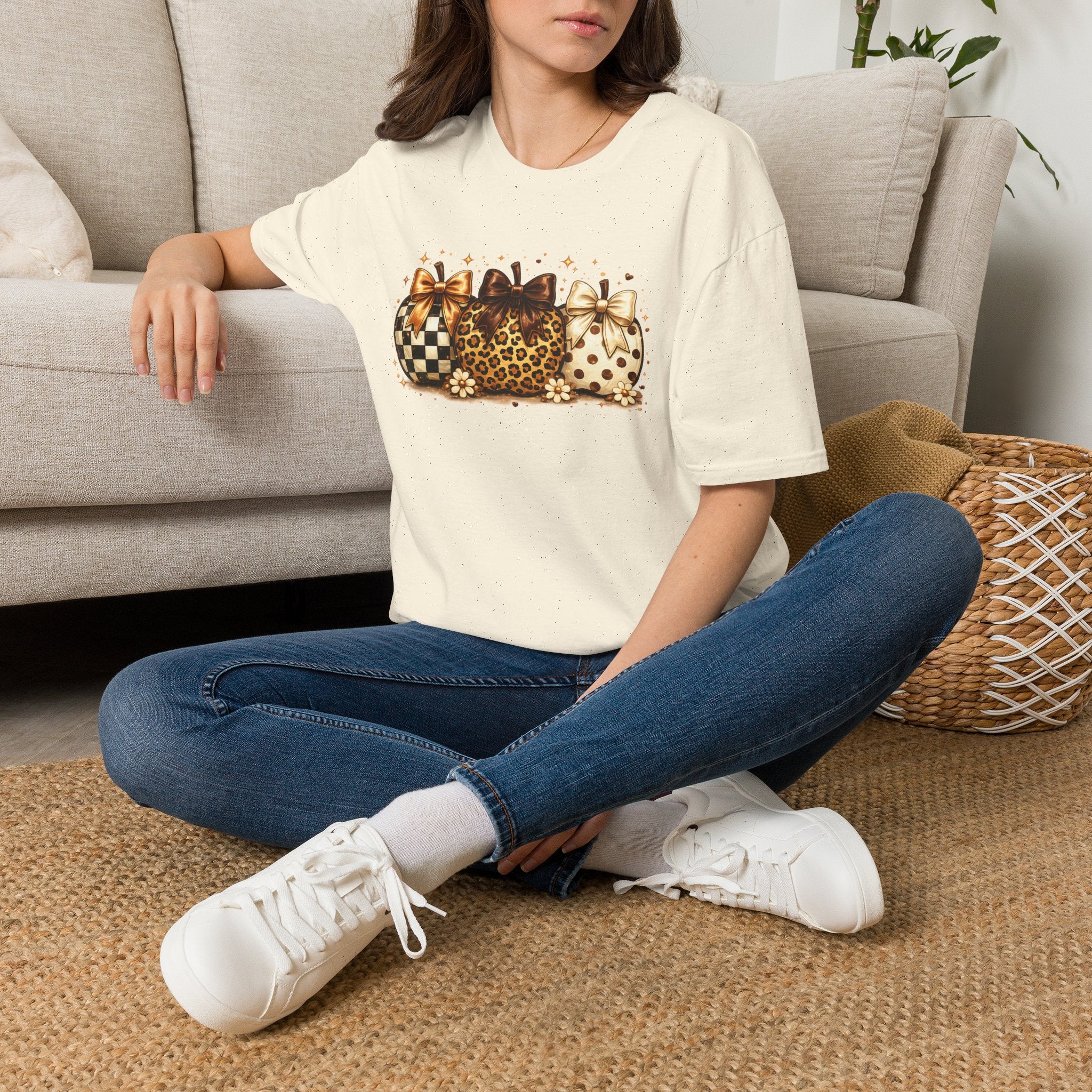 Leopard & Plaid Pumpkin Trio T-Shirt — Fall Animal Print Pumpkins with Bows