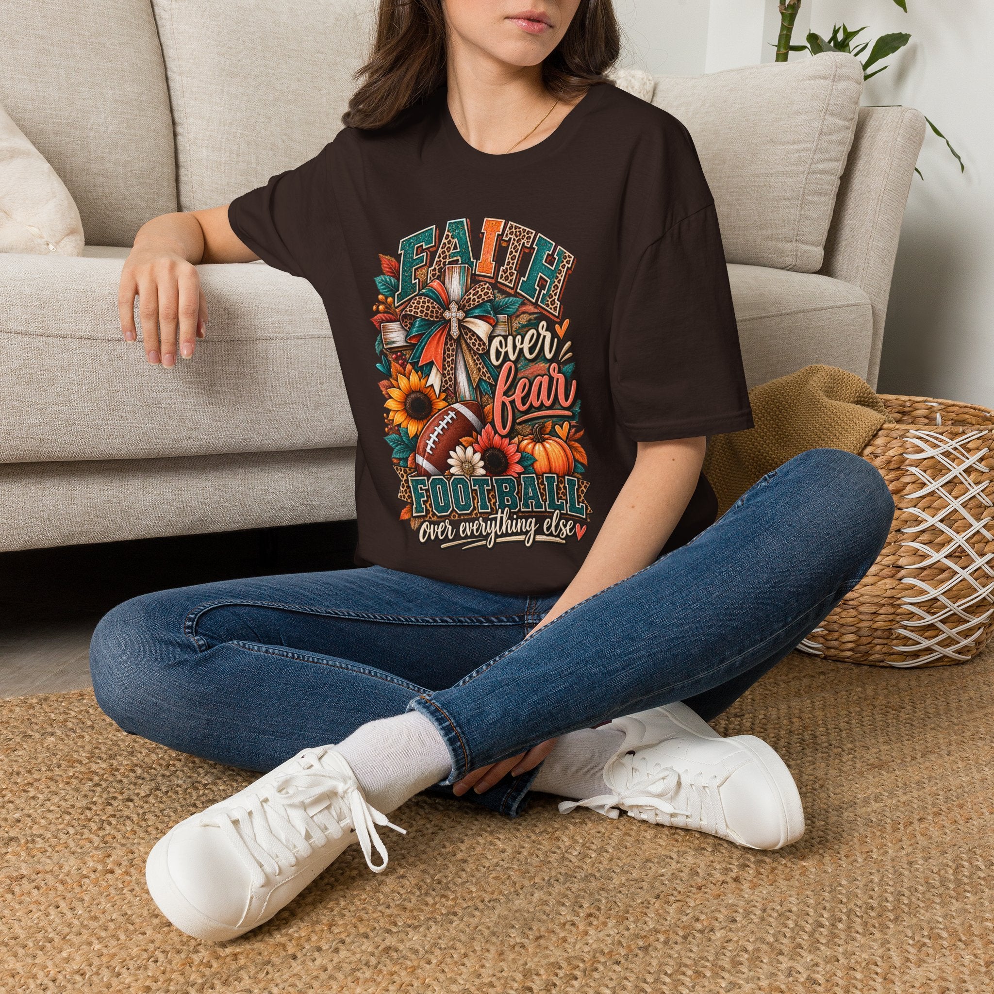 Faith Over Fear Football T‑Shirt — Floral Cross & Sunflower Inspirational Tee