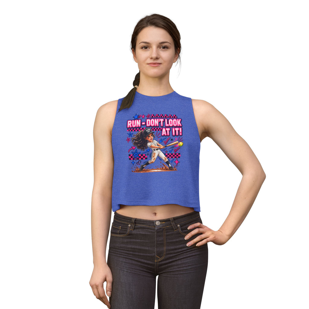 Women's Crop Top — "Run Don't Look at It!" Softball Batter Graphic Tank