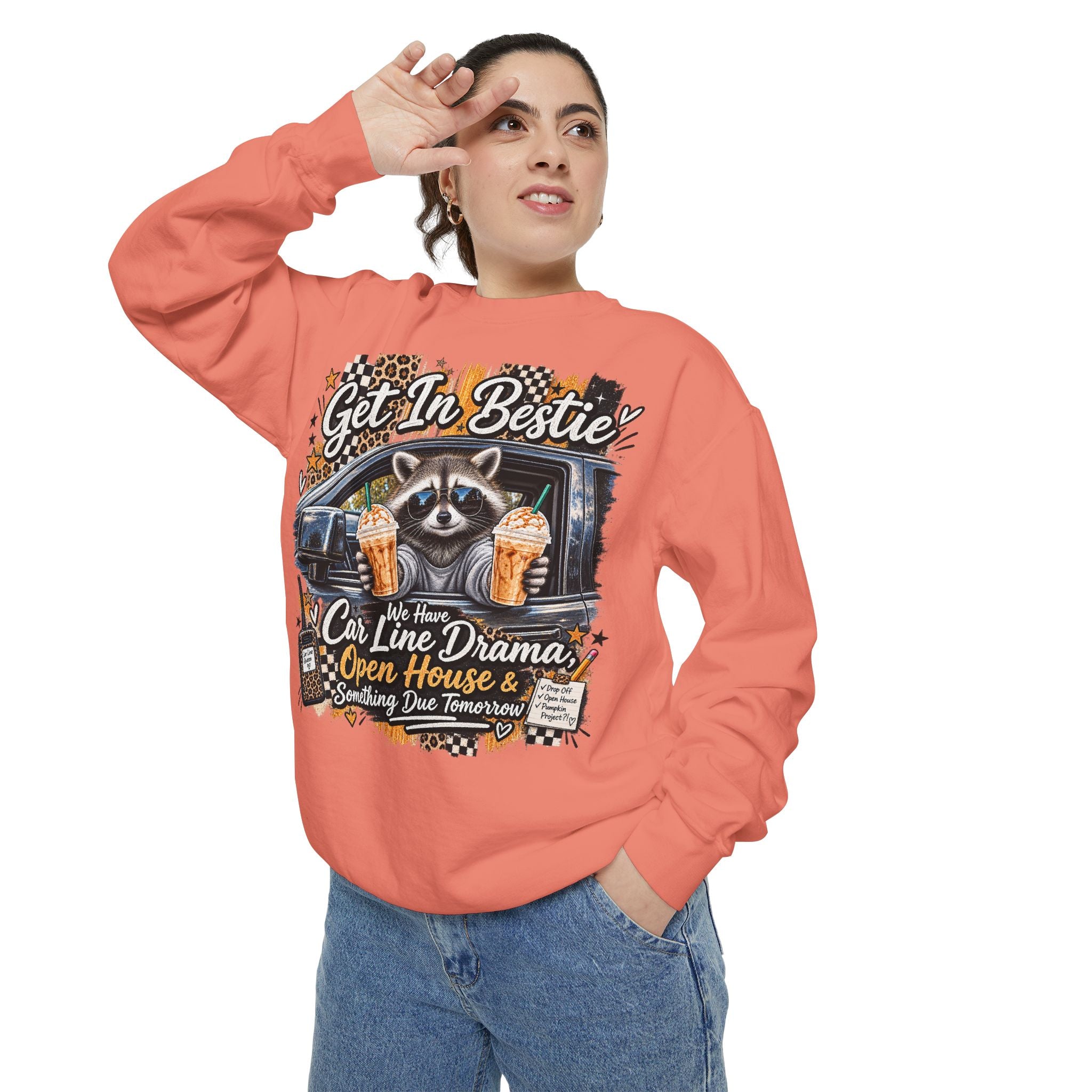 Cozy Raccoon 'Get In Bestie' Sweatshirt – Funny Car Line Mom Graphic