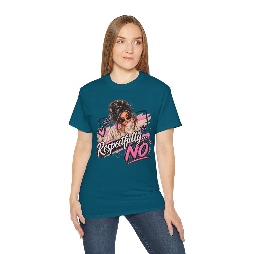Respectfully No Graphic Tee — Sassy Pink Woman Illustration T-Shirt