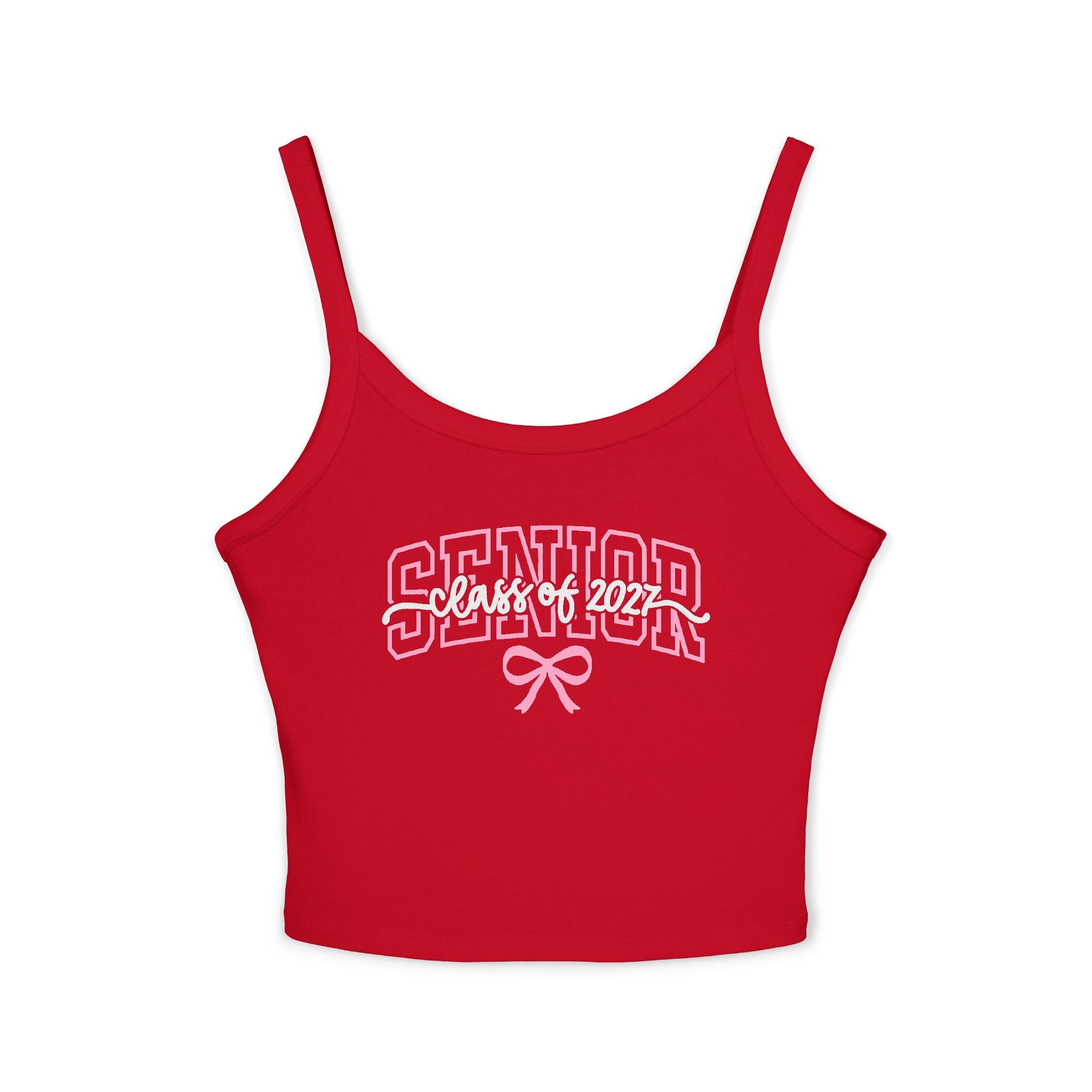 Senior Bow Spaghetti Strap Tank Top — Class of (Senior) Pink Lettering Crop