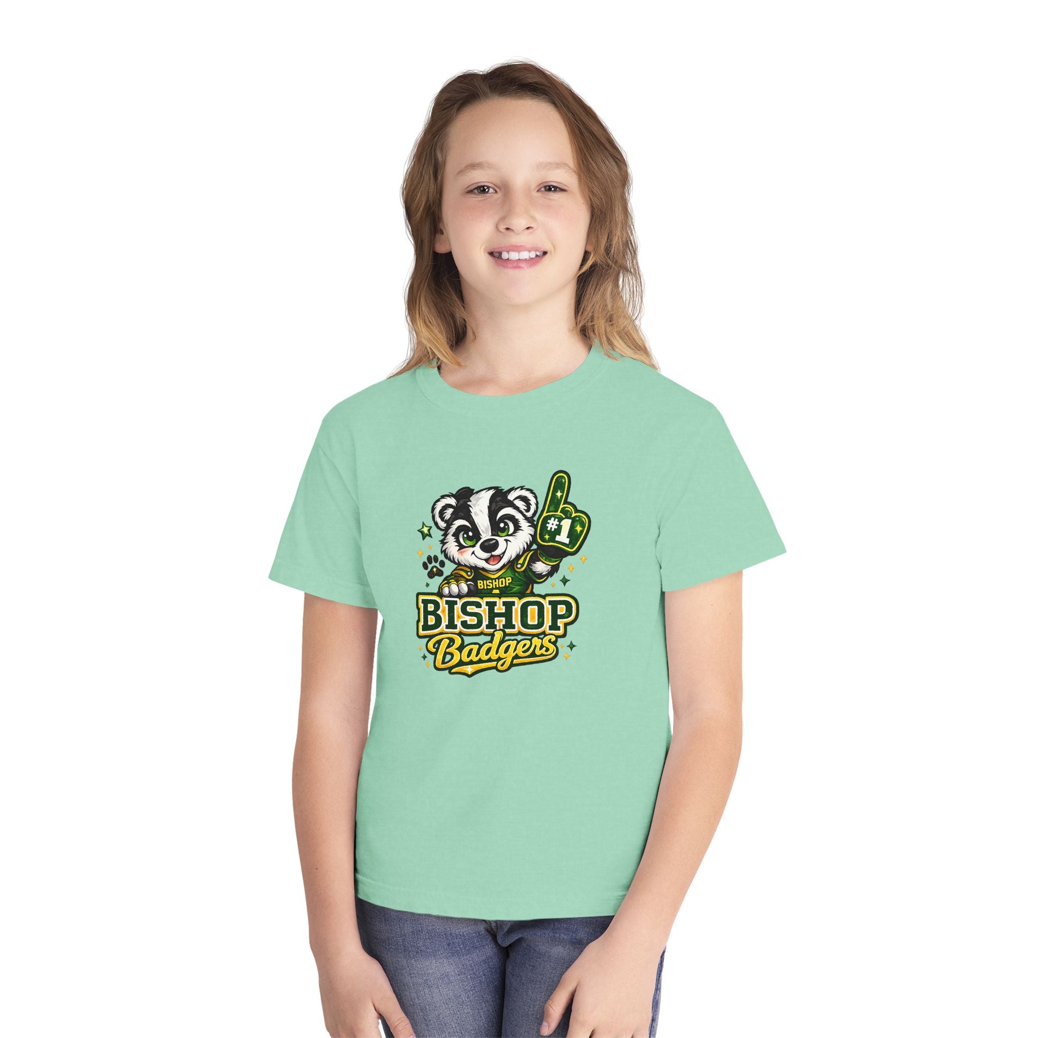 Bishop Badgers Youth Tee — #1 Mascot Foam Finger School Spirit Shirt